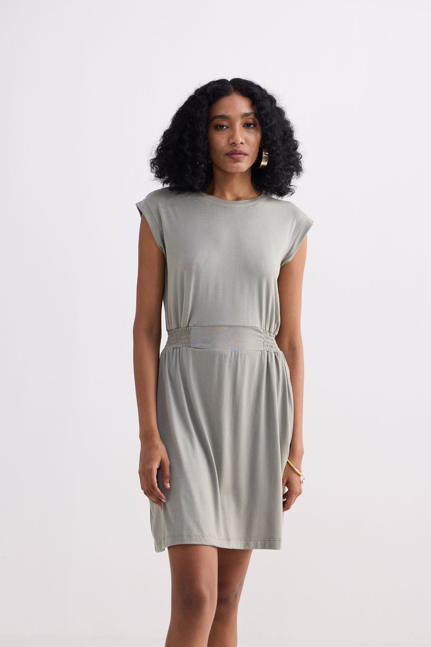 Short Dress With Smocking Side Detail in Light Olive Front