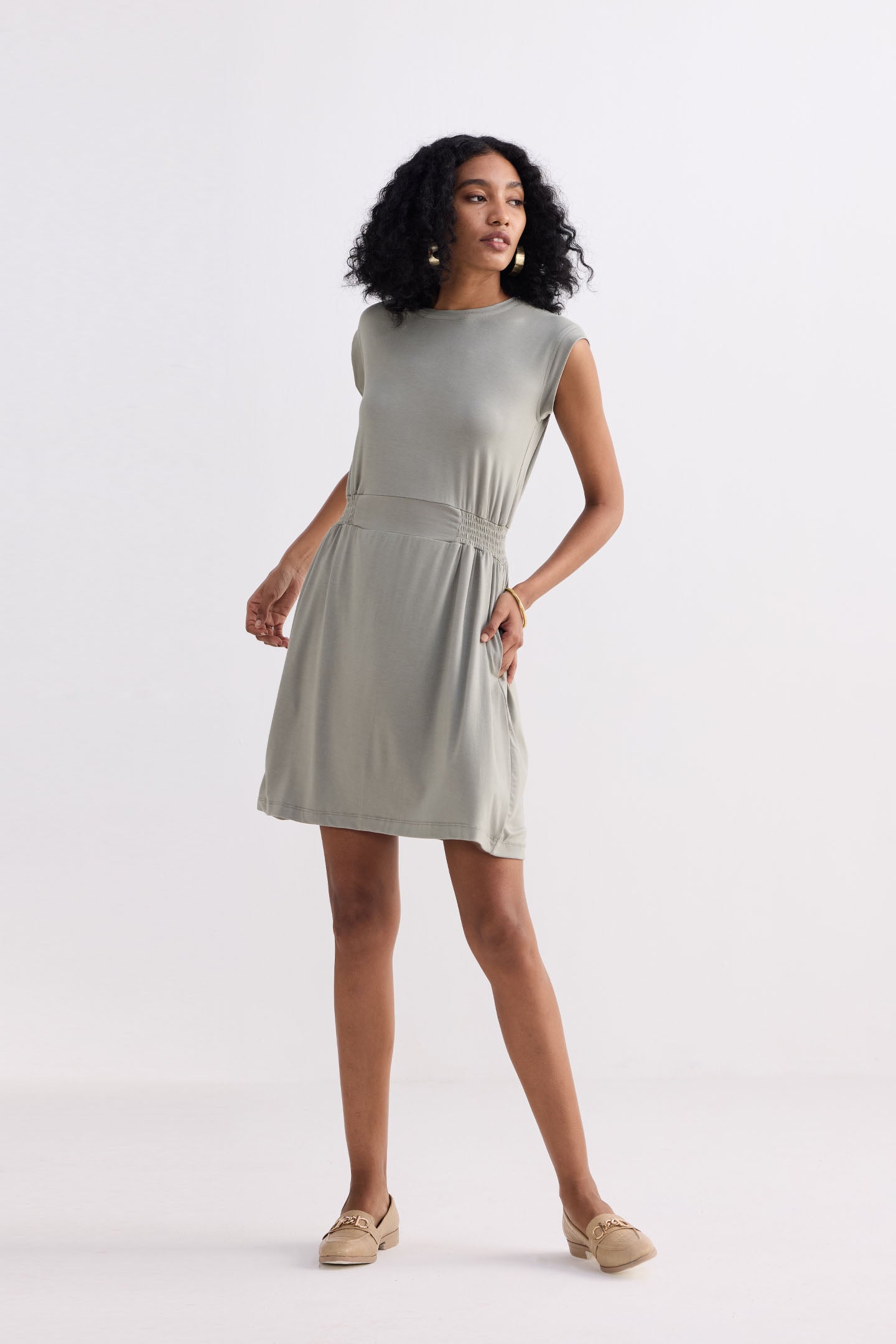 Short Dress With Smocking Side Detail in Light Olive Moodshot