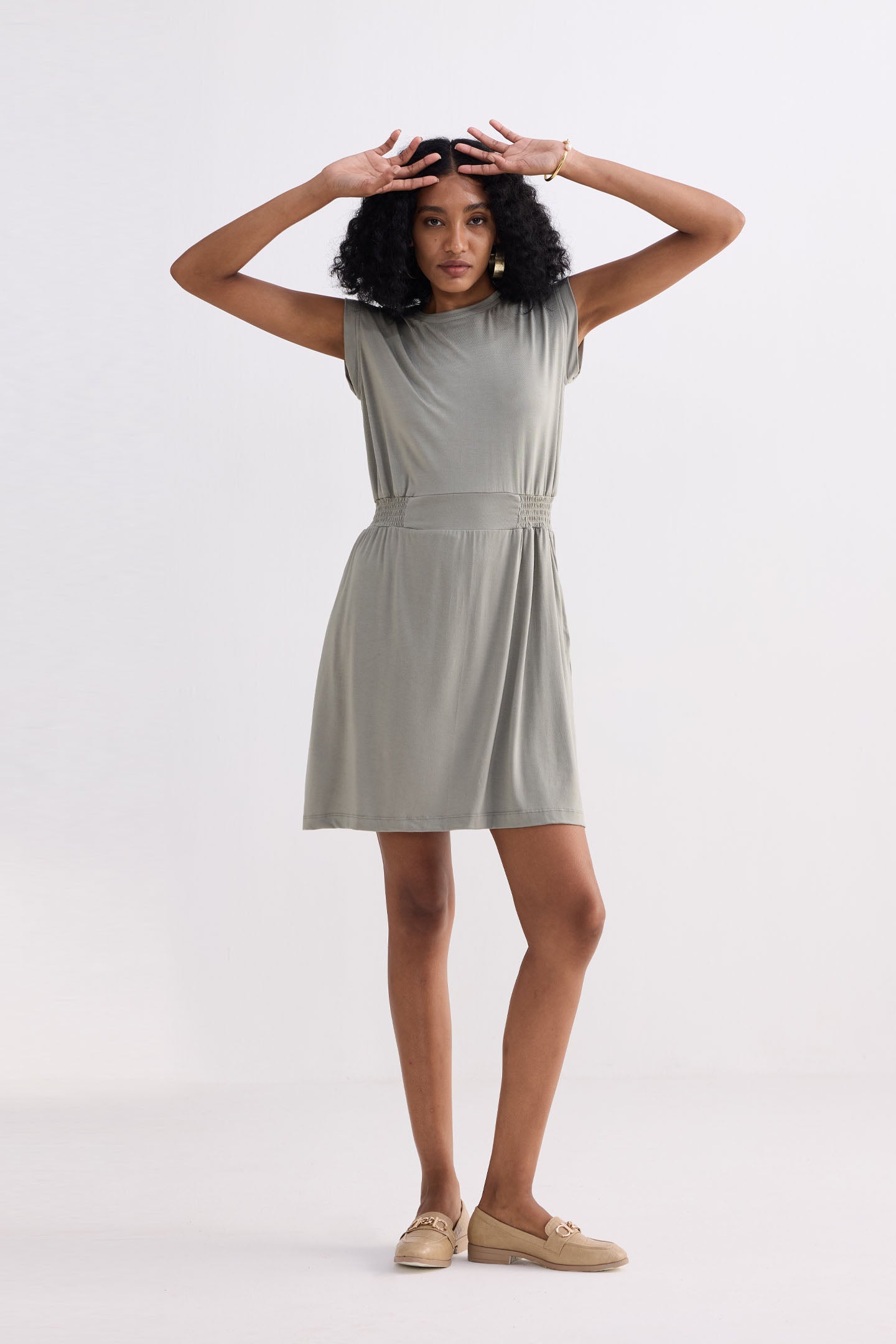 Short Dress With Smocking Side Detail in Light Olive Moodshot