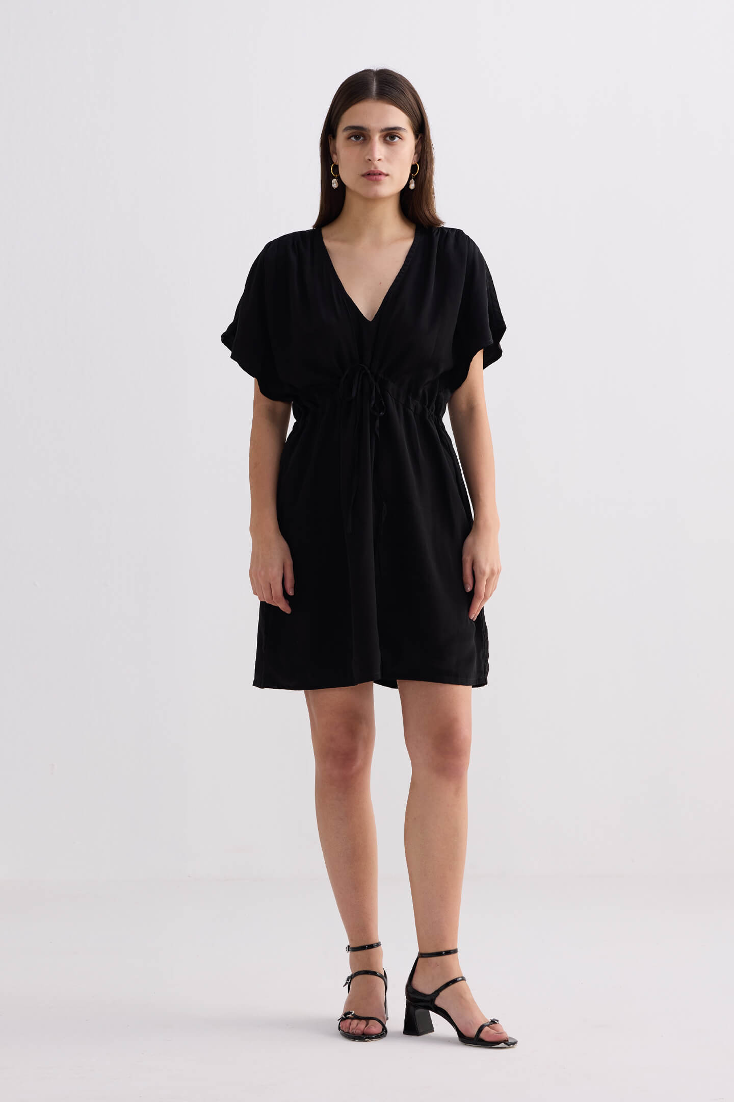 Short Gathered Dress in Black Front