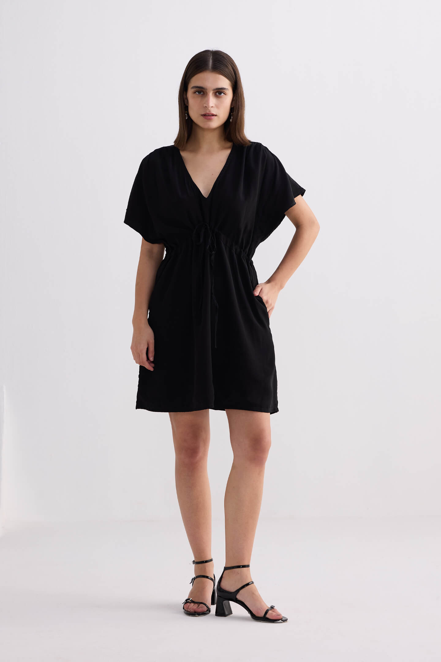 Short Gathered Dress in Black Front