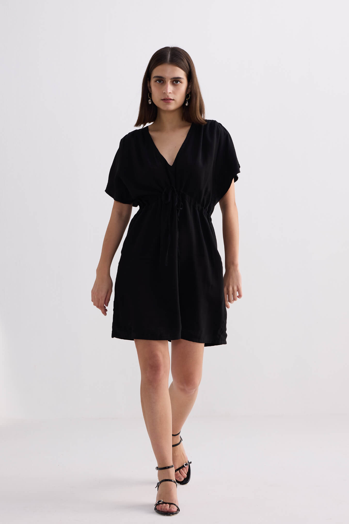 Short Gathered Dress in Black Front