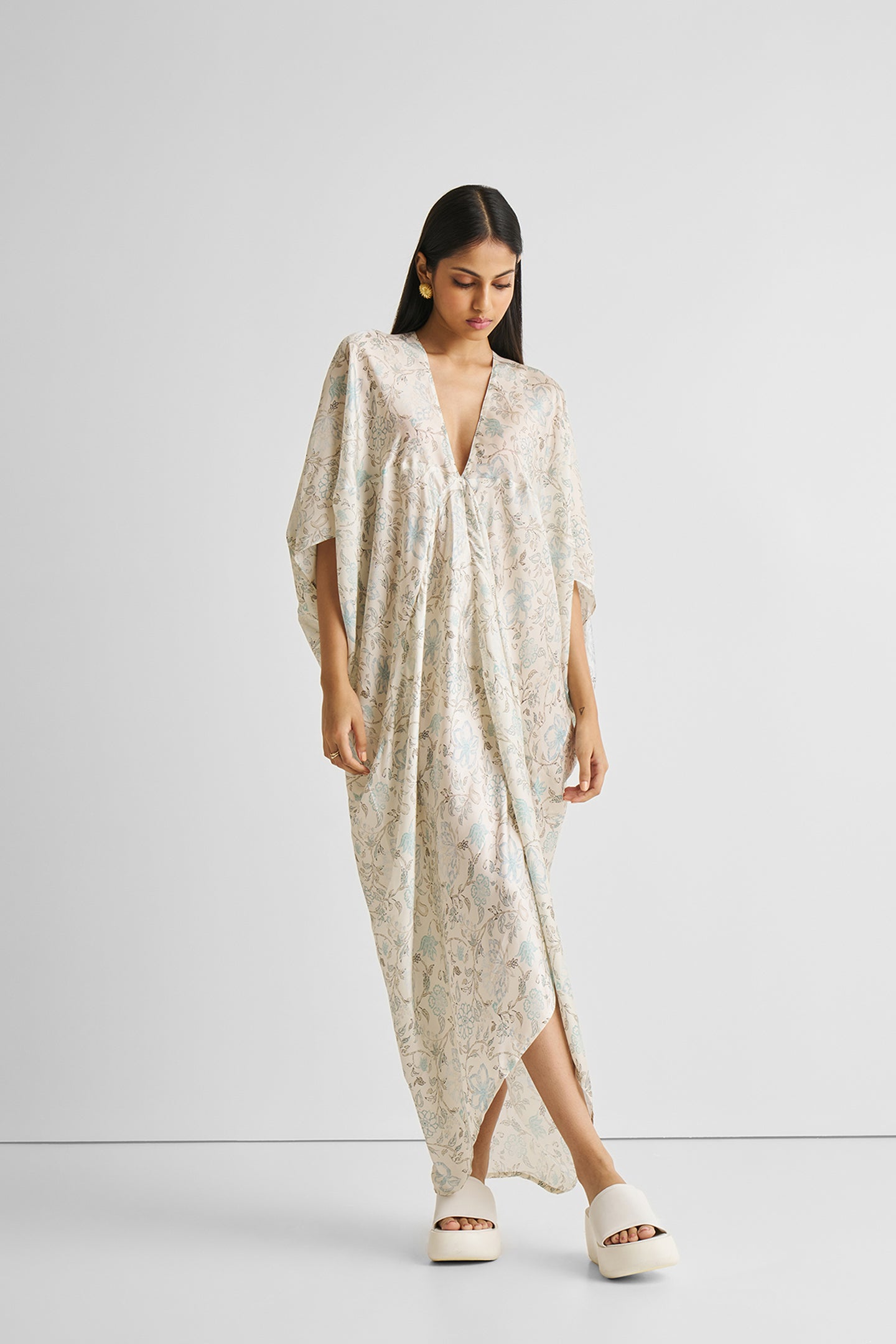 Silky Kaftan Dress in Blue Florals