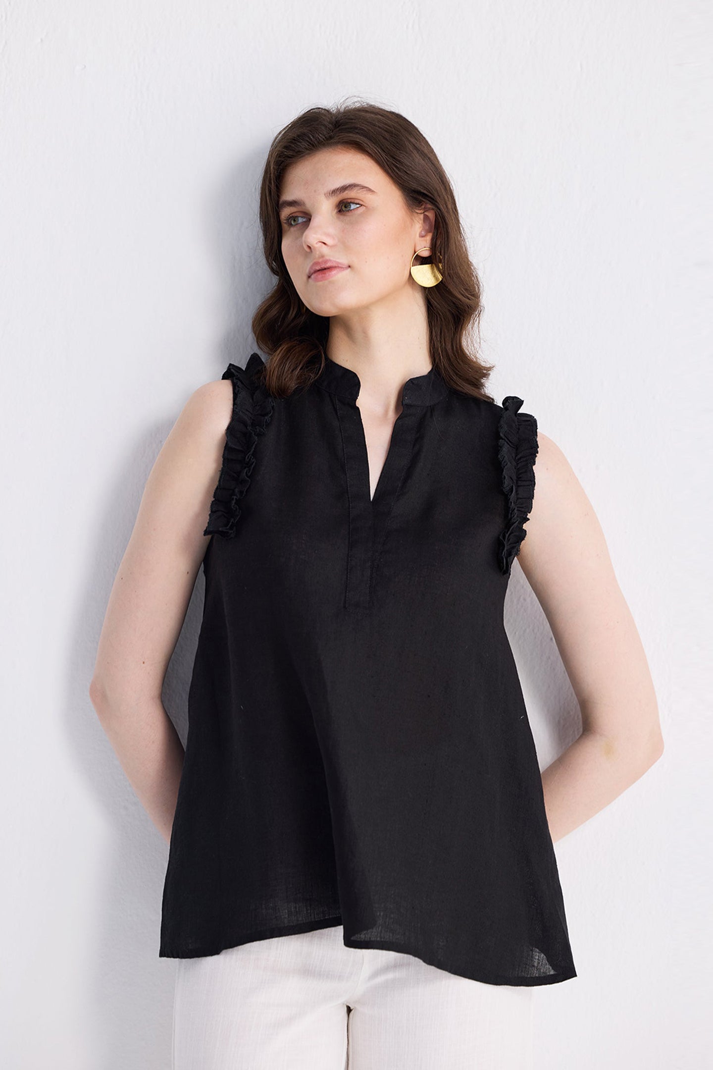 Sleeveless Hemp Top with Ruffles in Black Medium Shot
