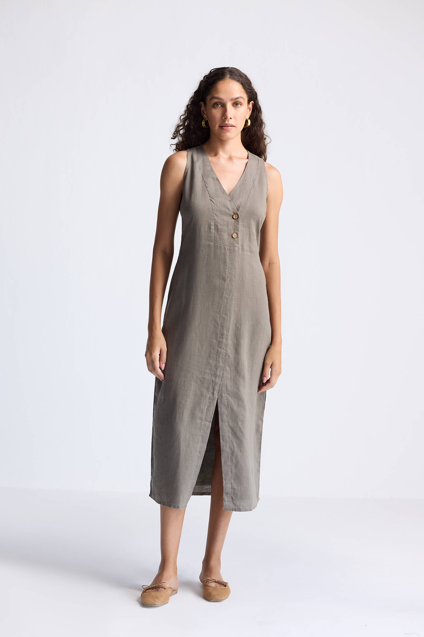 Straight Dress with Front Slit in Dark Green Hemp Front