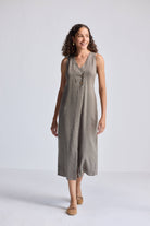 Straight Dress with Front Slit in Dark Green Hemp