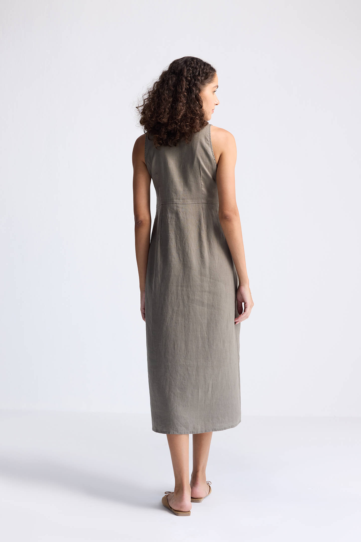 Straight Dress with Front Slit in Dark Green Hemp