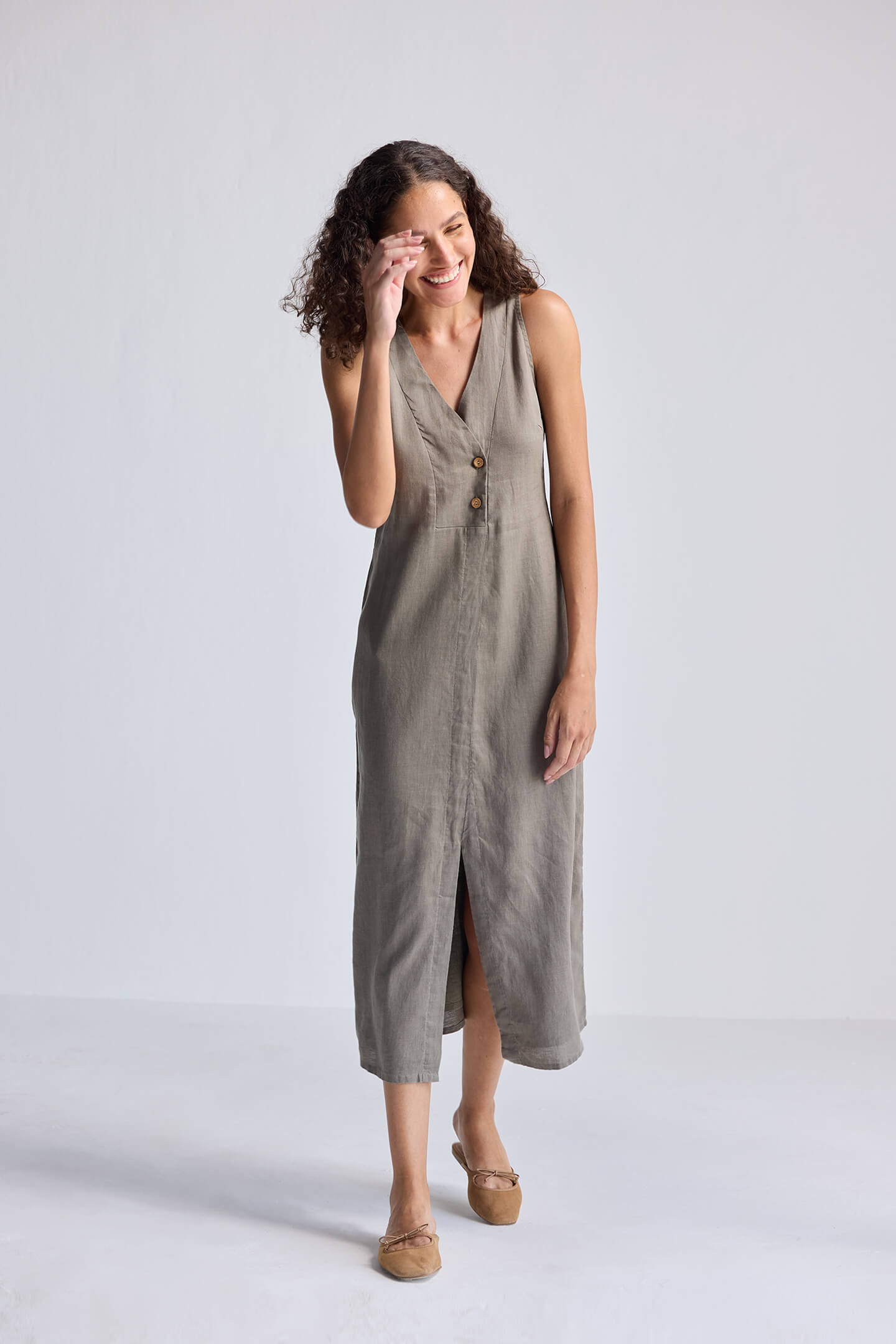 Straight Dress with Front Slit in Dark Green Hemp