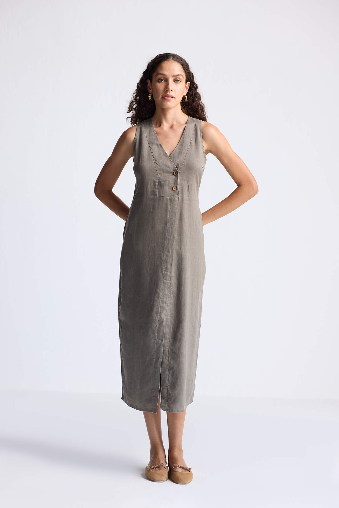 Straight Dress with Front Slit in Dark Green Hemp Moodshot