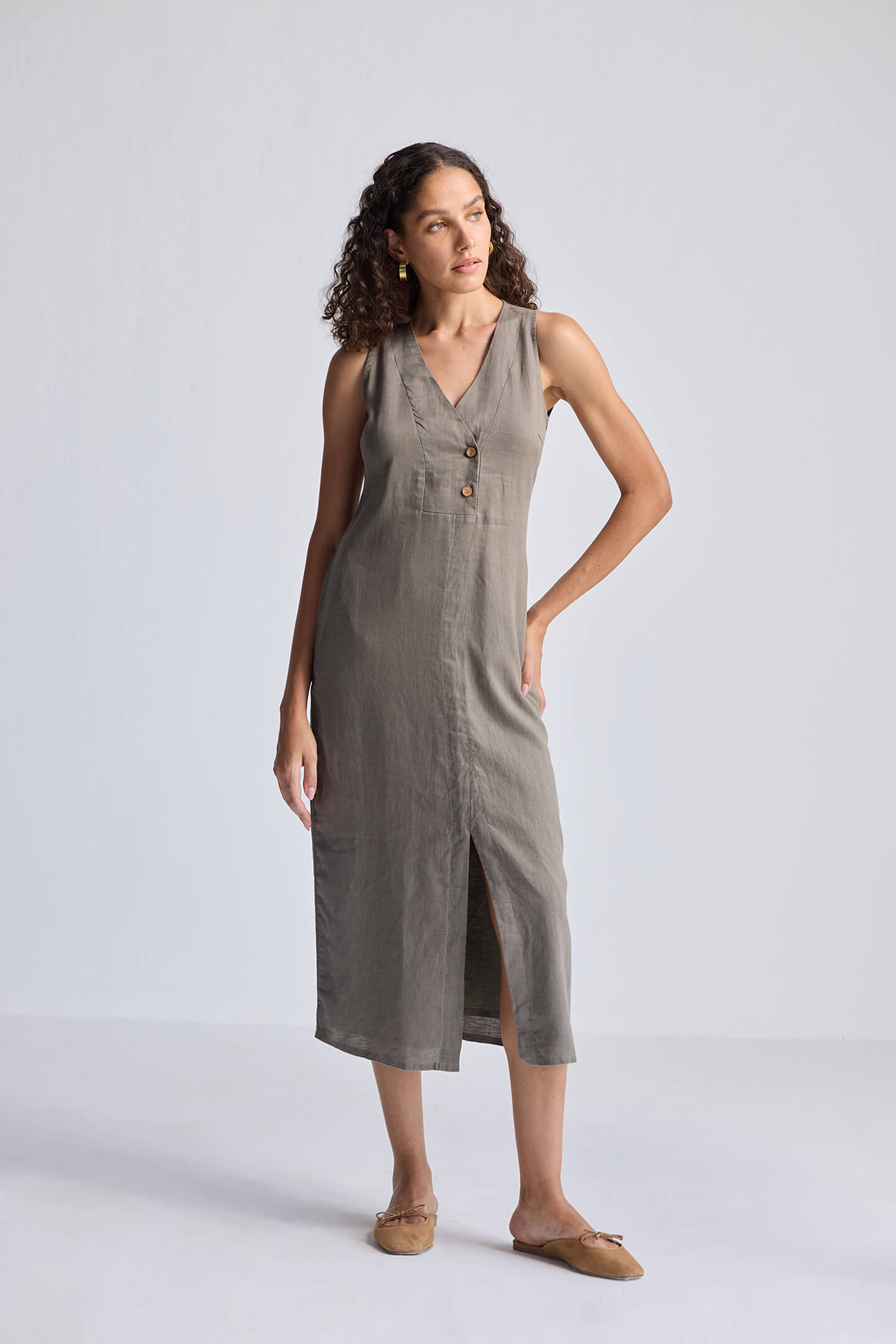 Straight Dress with Front Slit in Dark Green Hemp