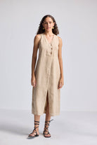 Straight Dress with Front Slit in Neutral Beige Hemp