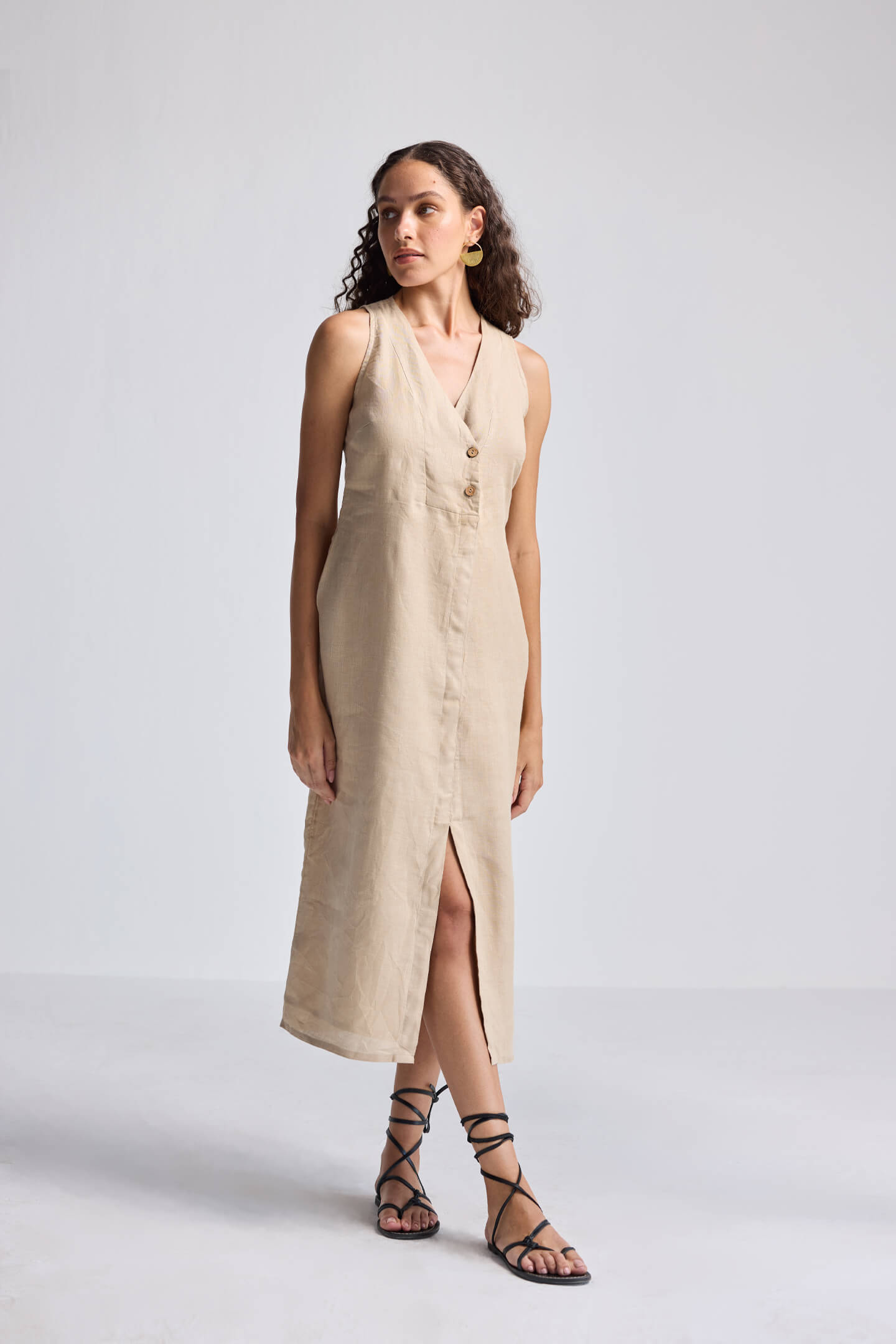 Straight Dress with Front Slit in Neutral Beige Hemp Front