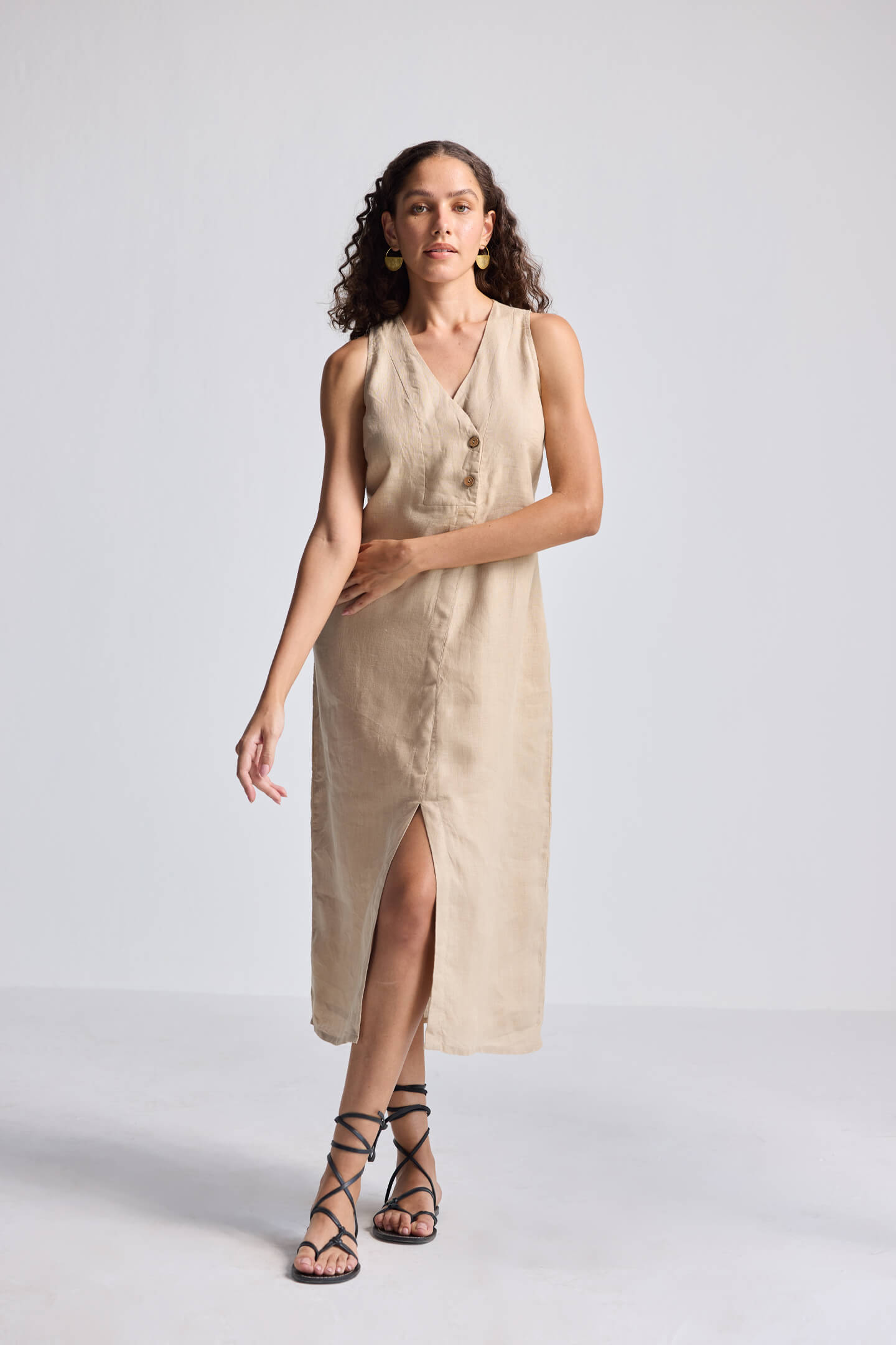 Straight Dress with Front Slit in Neutral Beige Hemp Front