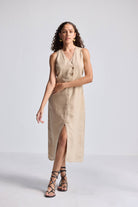 Straight Dress with Front Slit in Neutral Beige Hemp