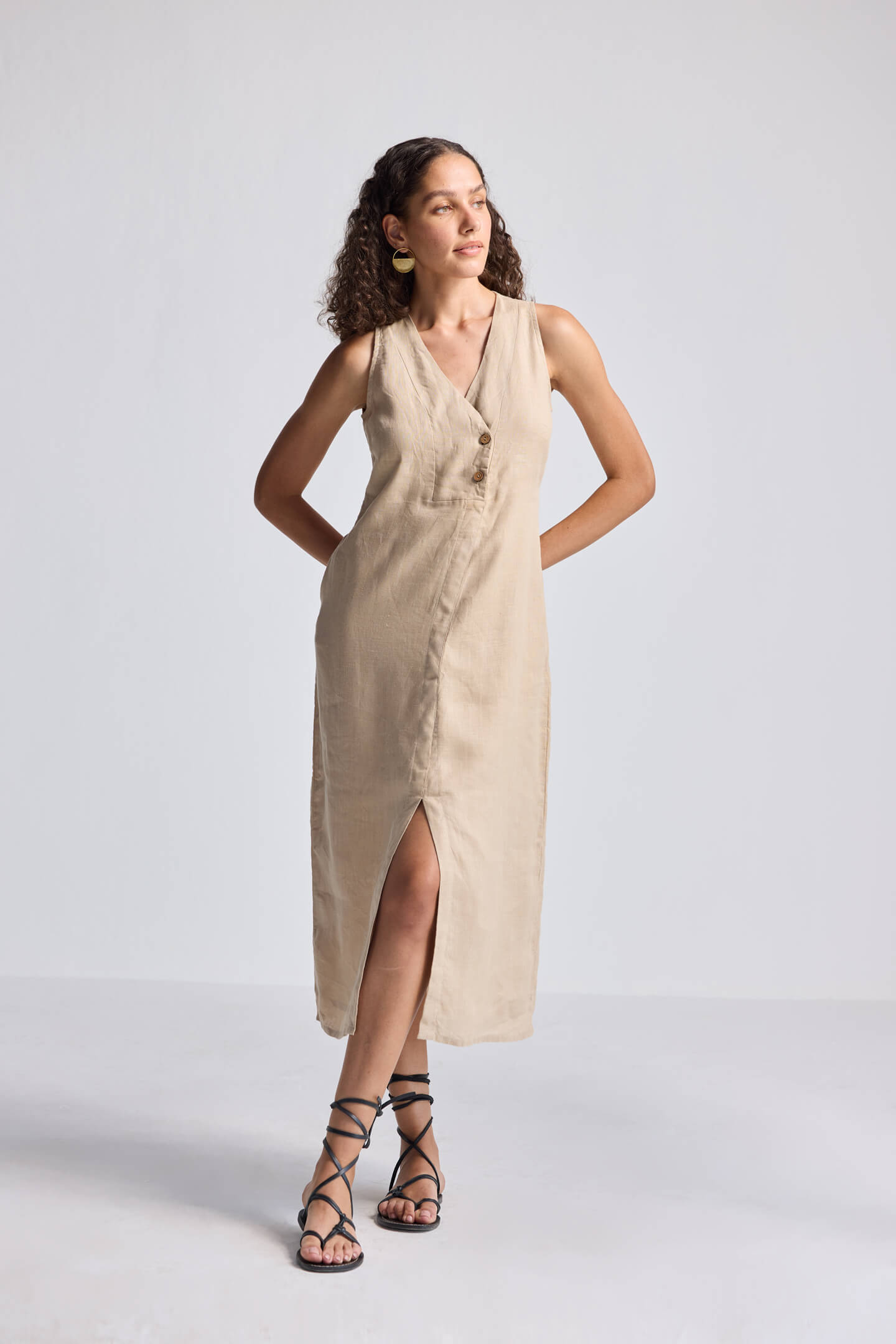 Straight Dress with Front Slit in Neutral Beige Hemp Front
