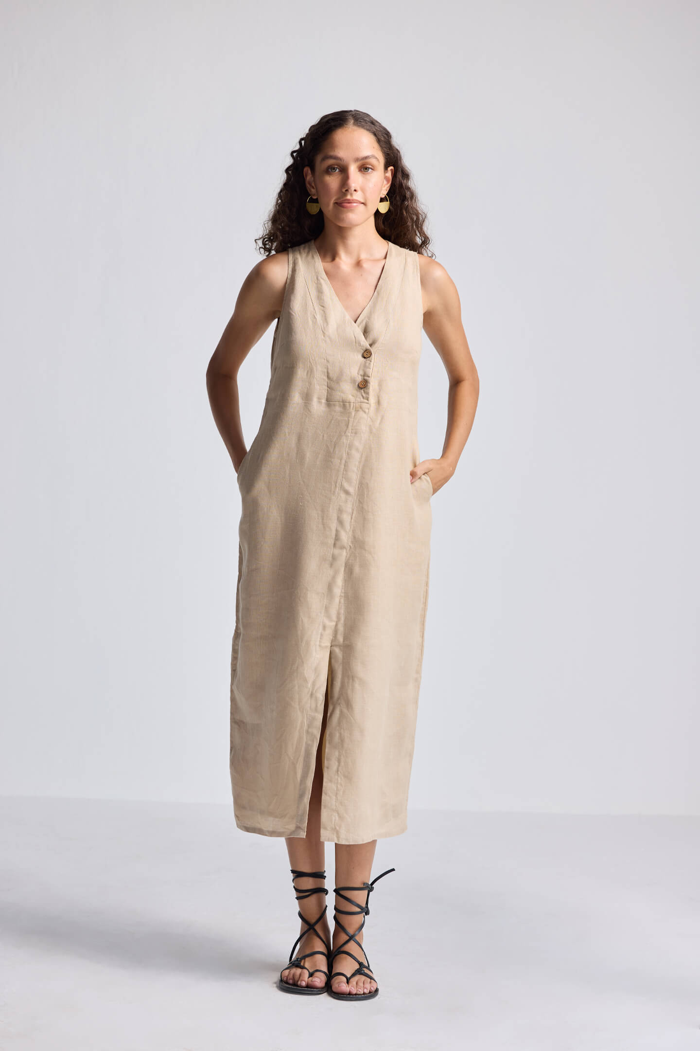 Straight Dress with Front Slit in Neutral Beige Hemp Front