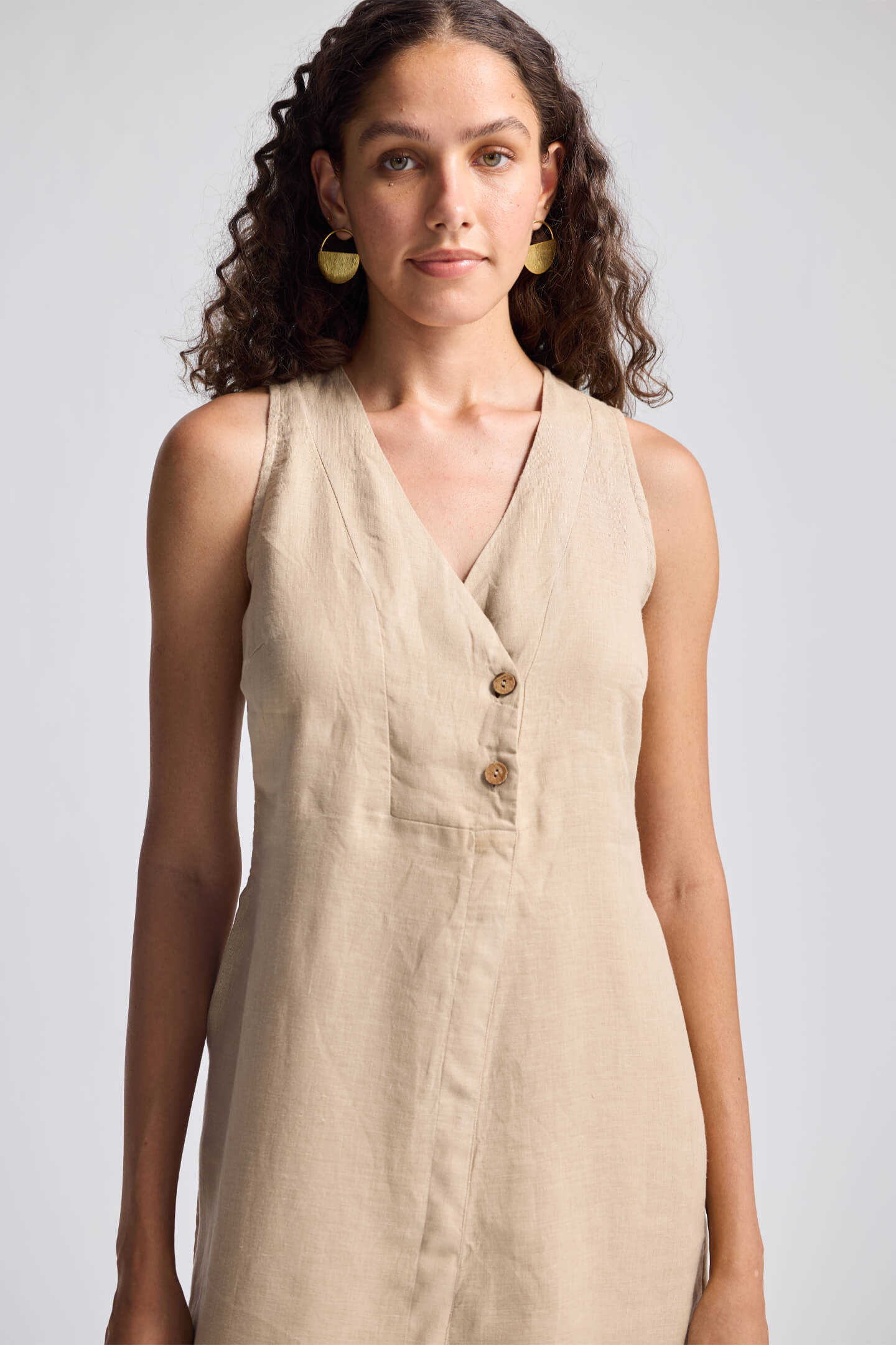 Straight Dress with Front Slit in Neutral Beige Hemp Closeup