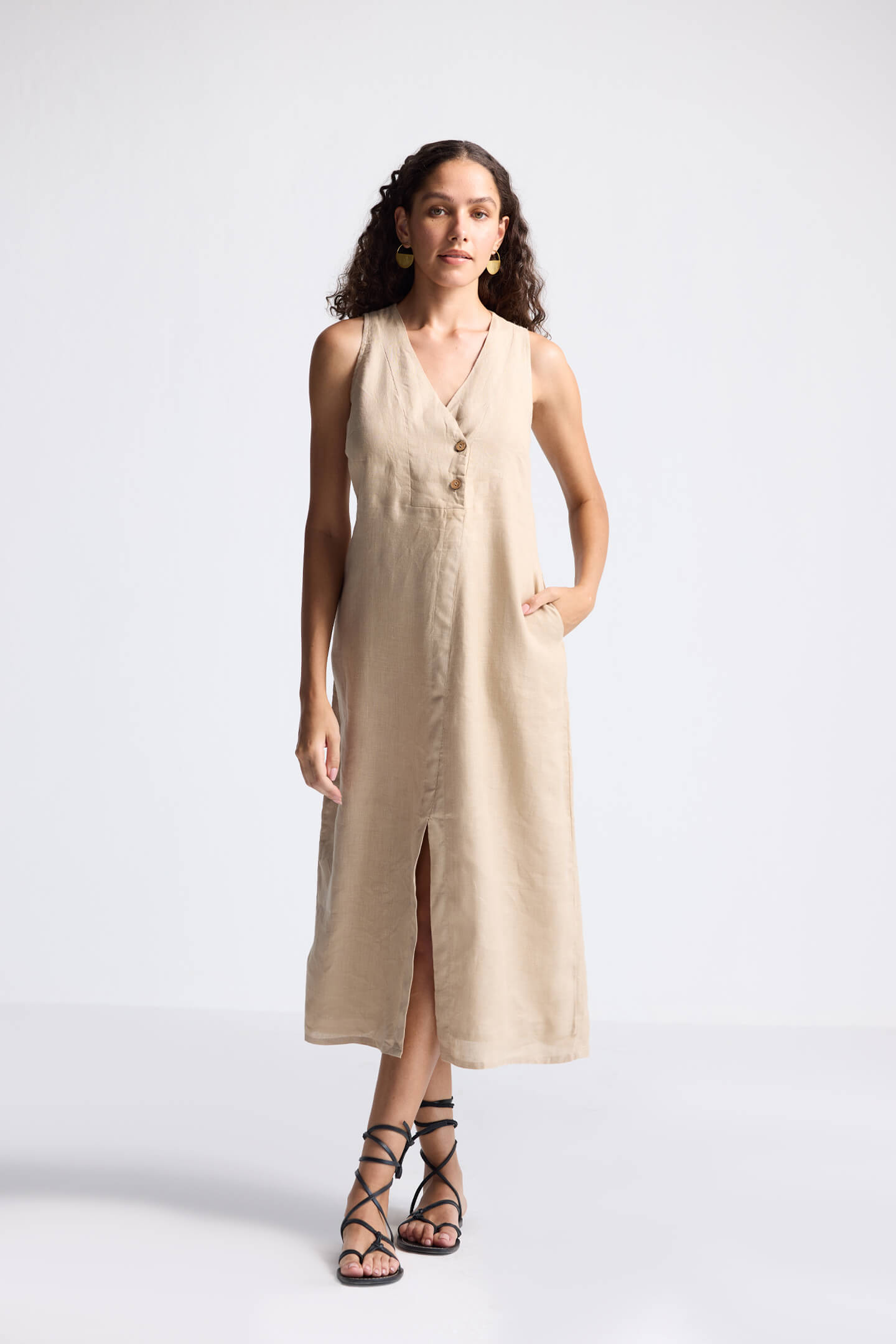 Straight Dress with Front Slit in Neutral Beige Hemp Front