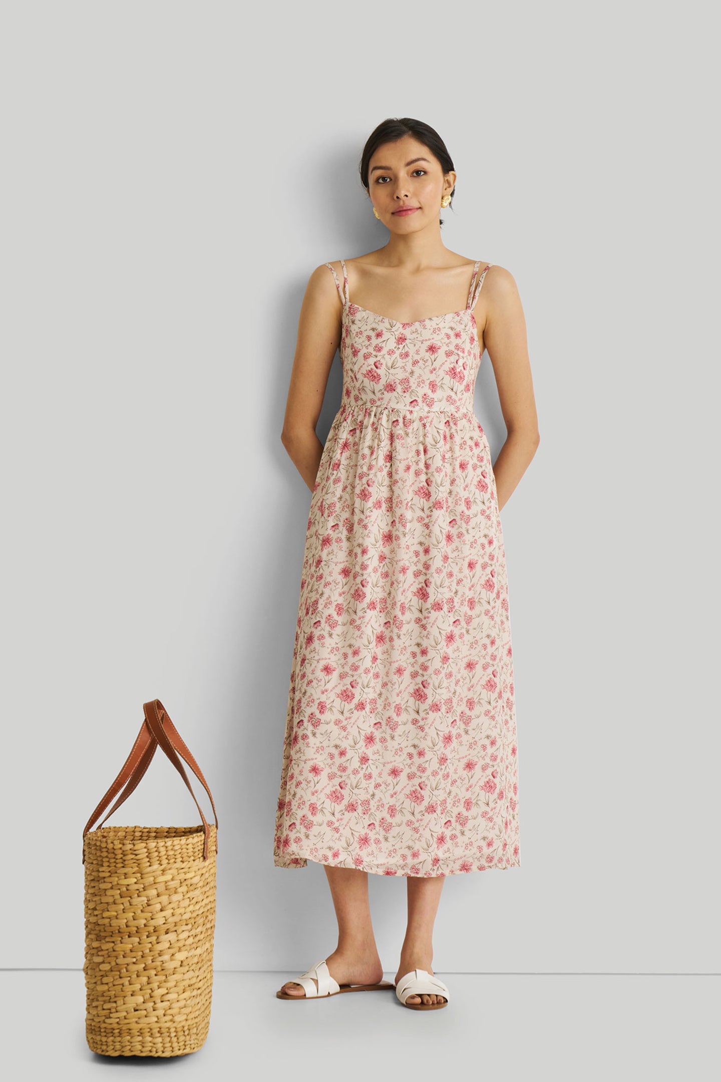 Strappy Gathered Midi Dress in Pink Florals