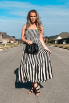 Strappy Tiered Maxi Dress in Black Stripes