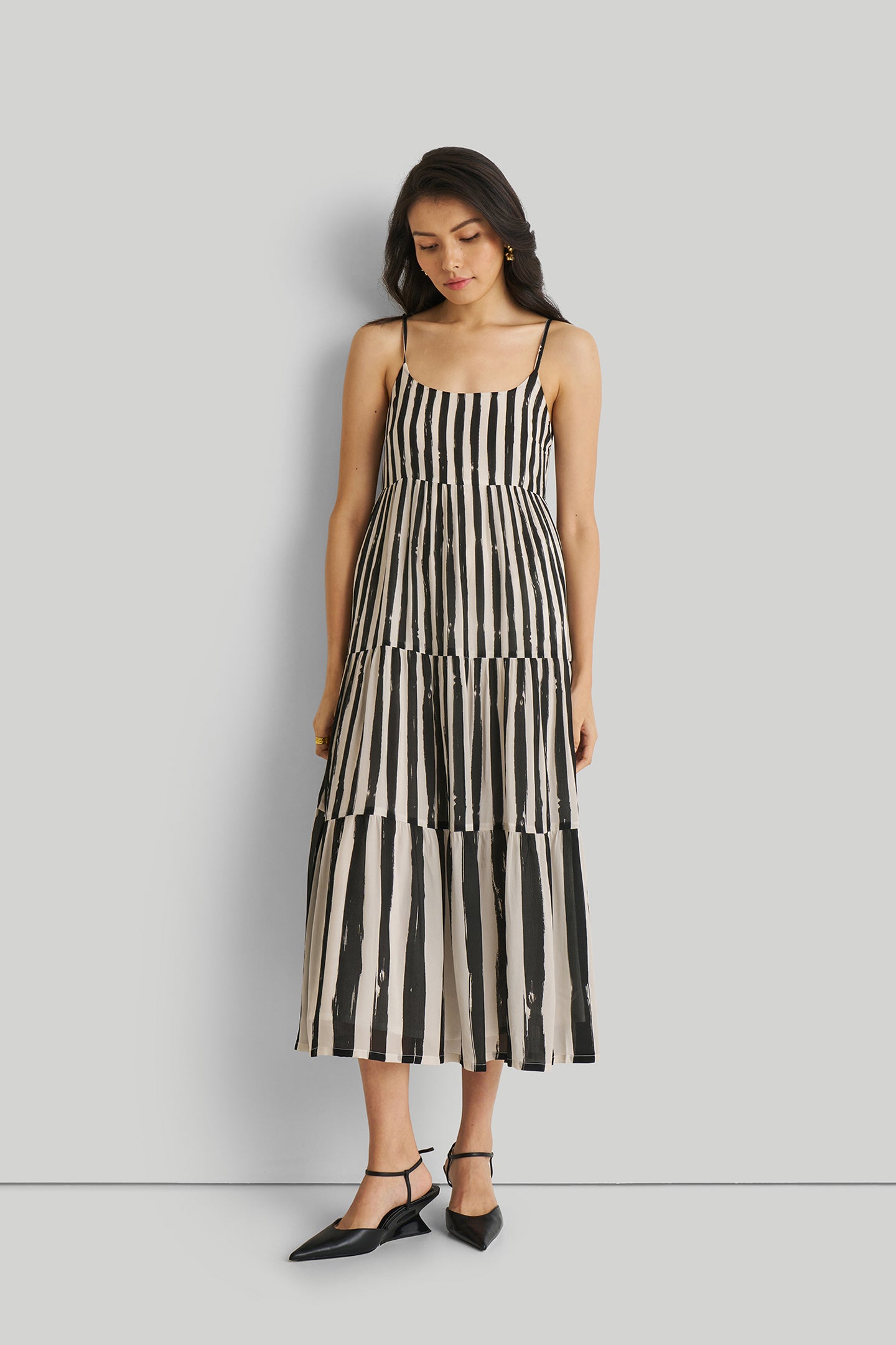 Strappy Tiered Maxi Dress in Black Stripes Striped Down / S Strappy Tiered Maxi Dress in Black Stripes Striped Down / S