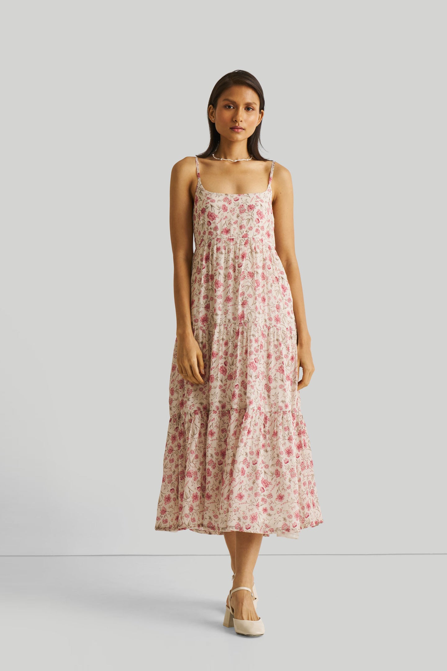 Strappy Tiered Maxi Dress in Pink Florals – Reistor