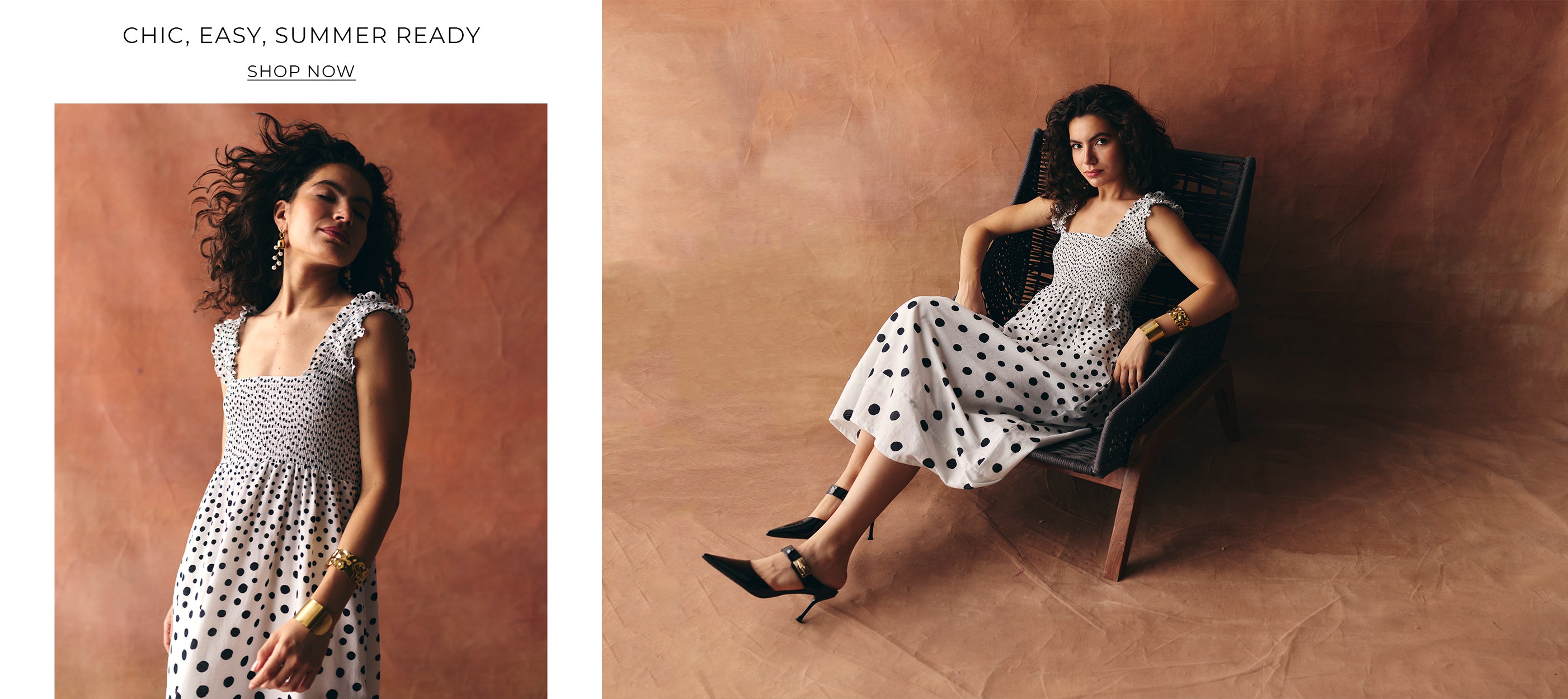 Woman in a polka dot dress sitting on a chair against a brown background with text 'Chic, Easy, Summer Ready'.