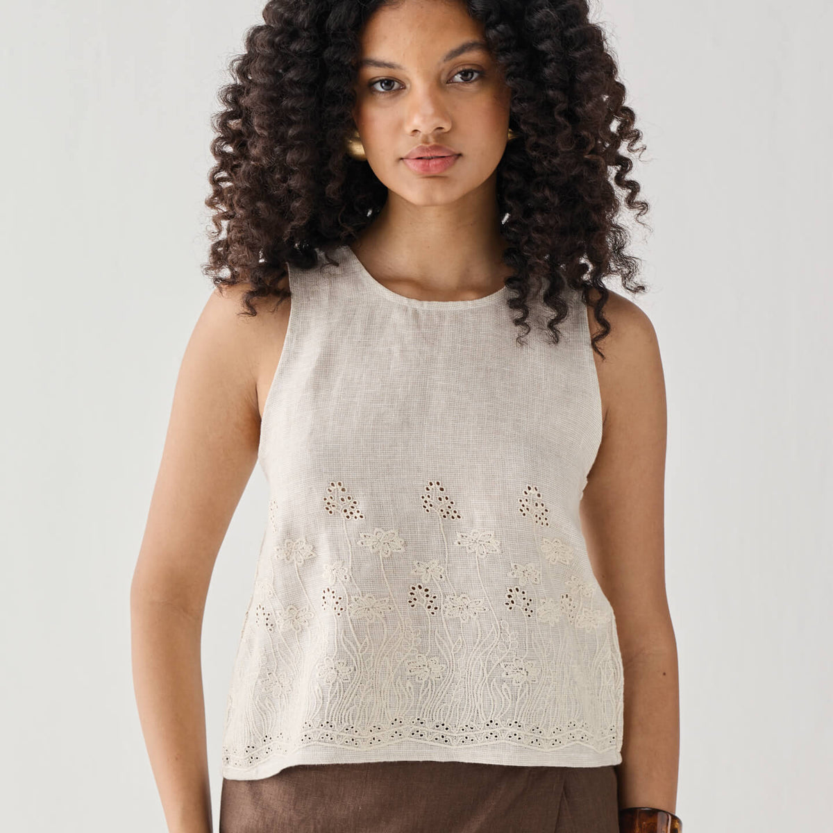 Linen Shell Button Back Embroidered Linen Button Back Top for Women — Reistor