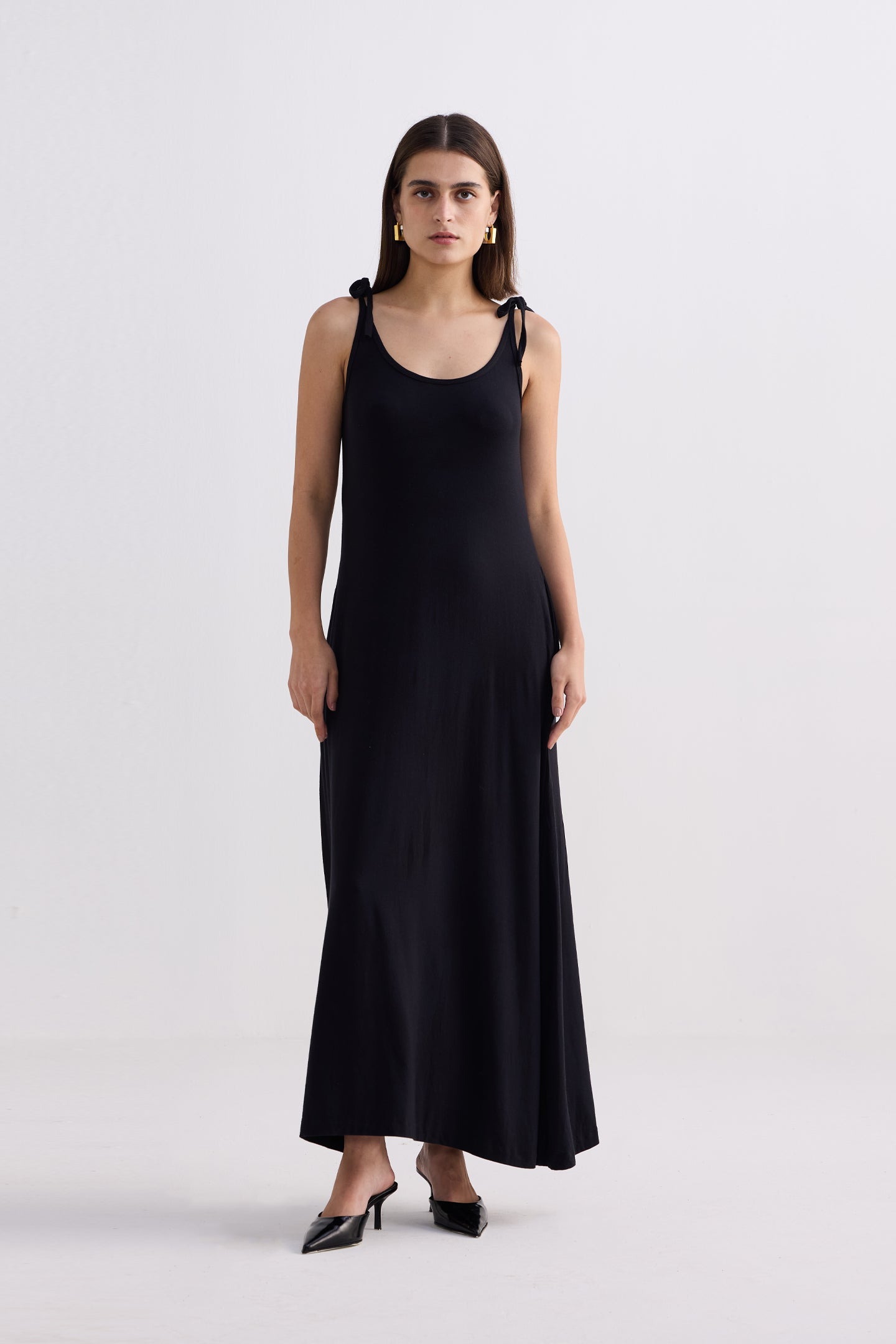 Tie-Detail Maxi Dress in Black Front