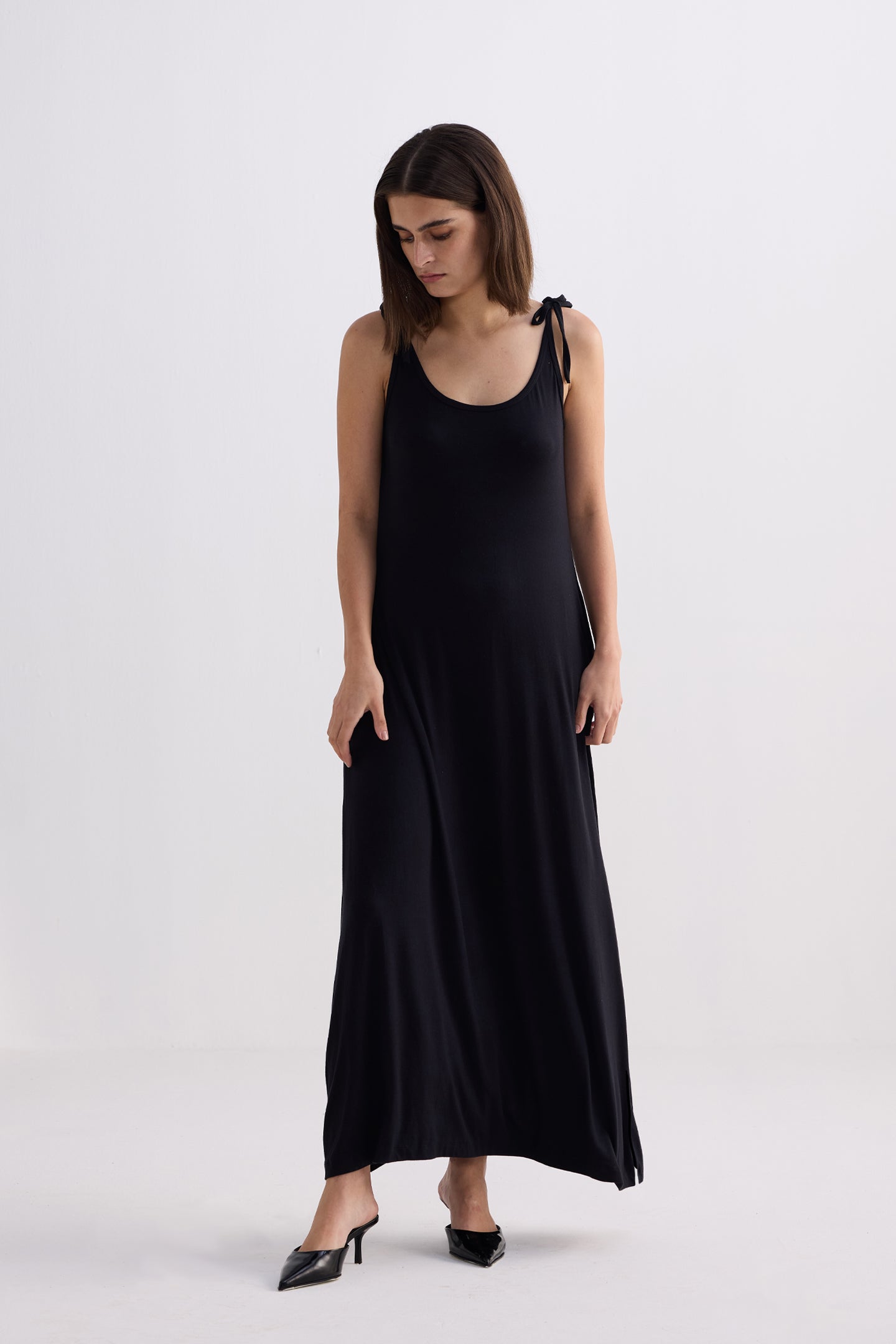 Tie-Detail Maxi Dress in Black Front