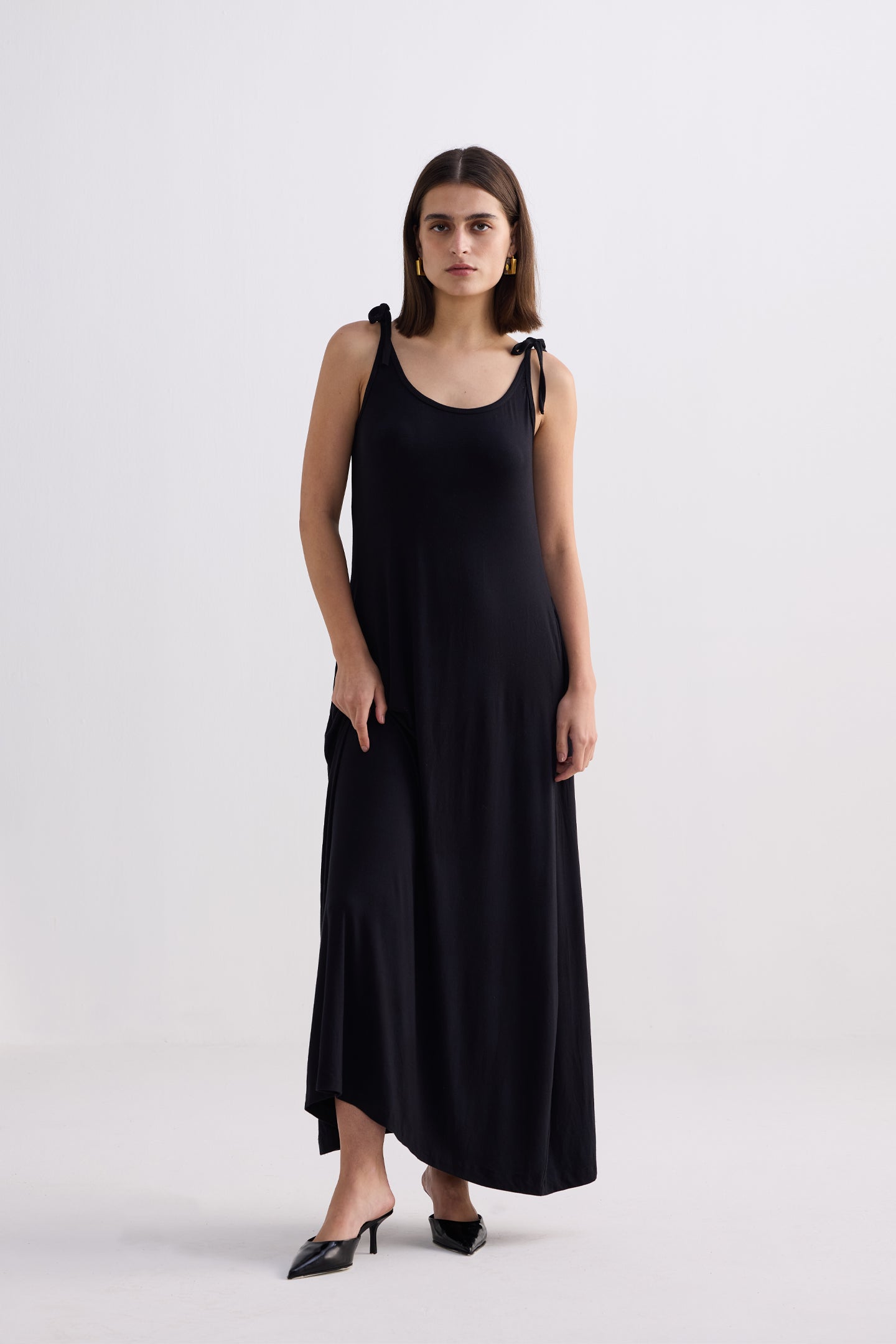 Tie-Detail Maxi Dress in Black Front