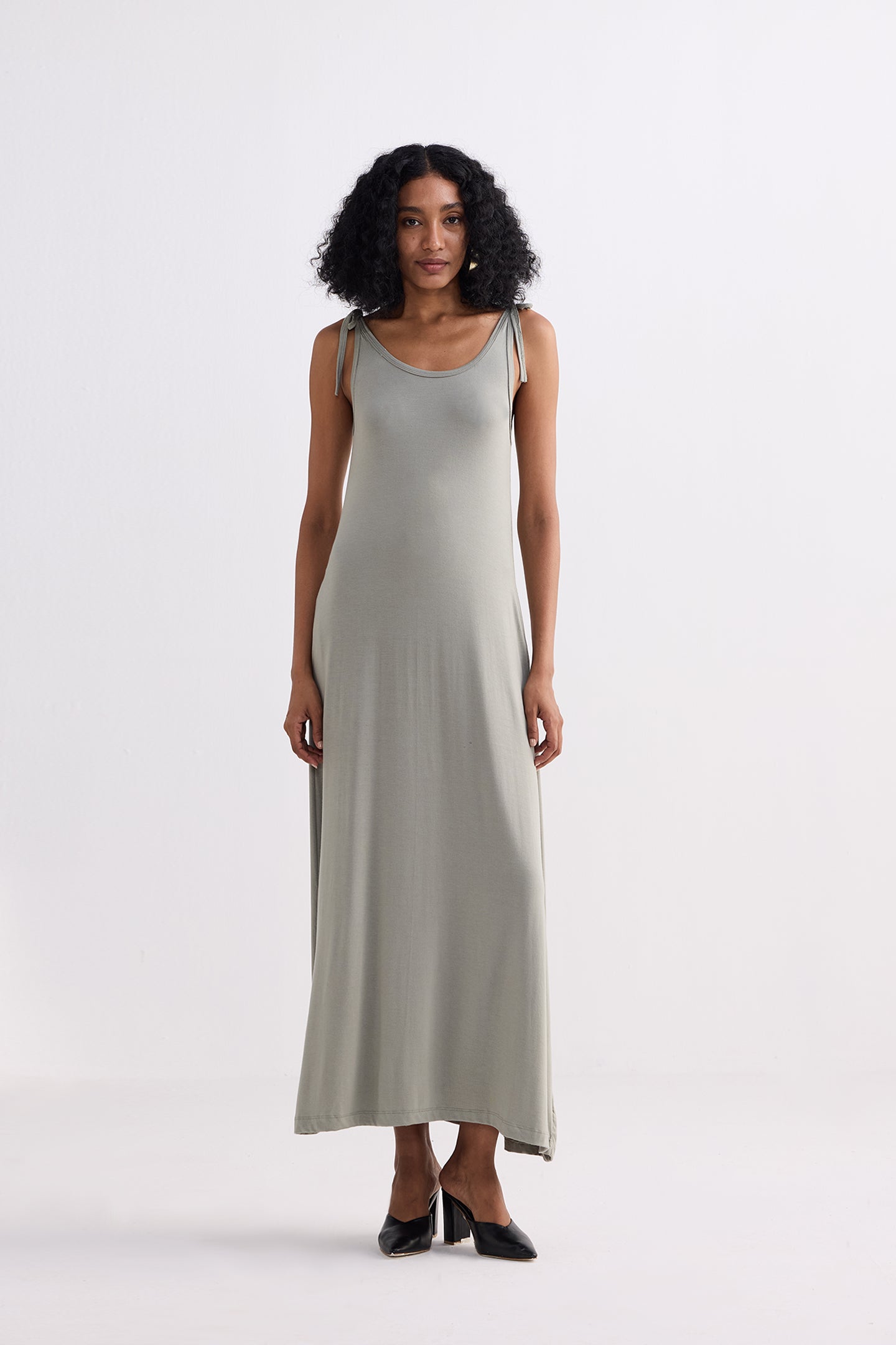 Tie-Detail Maxi Dress in Light Olive Front