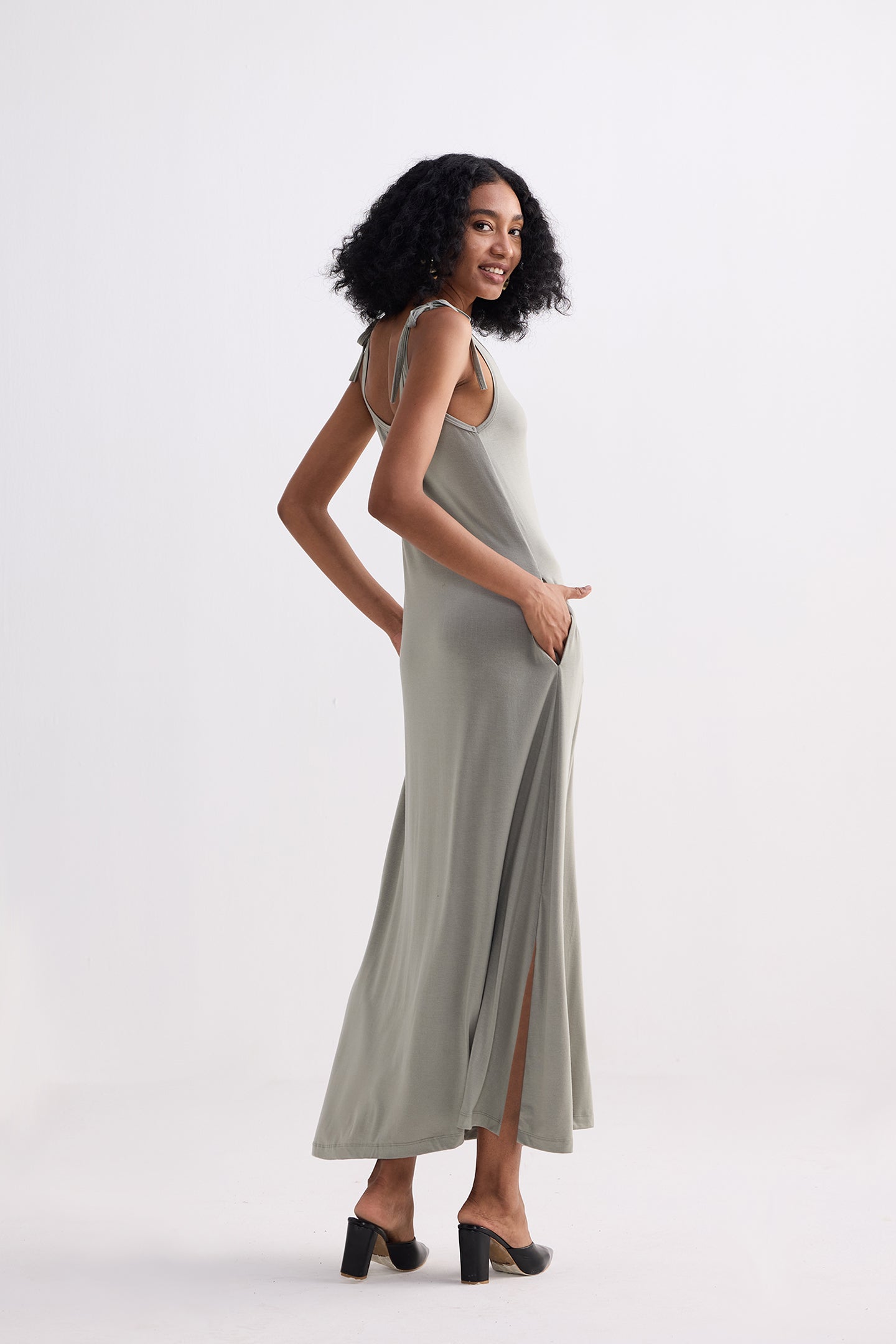 Tie-Detail Maxi Dress in Light Olive Side