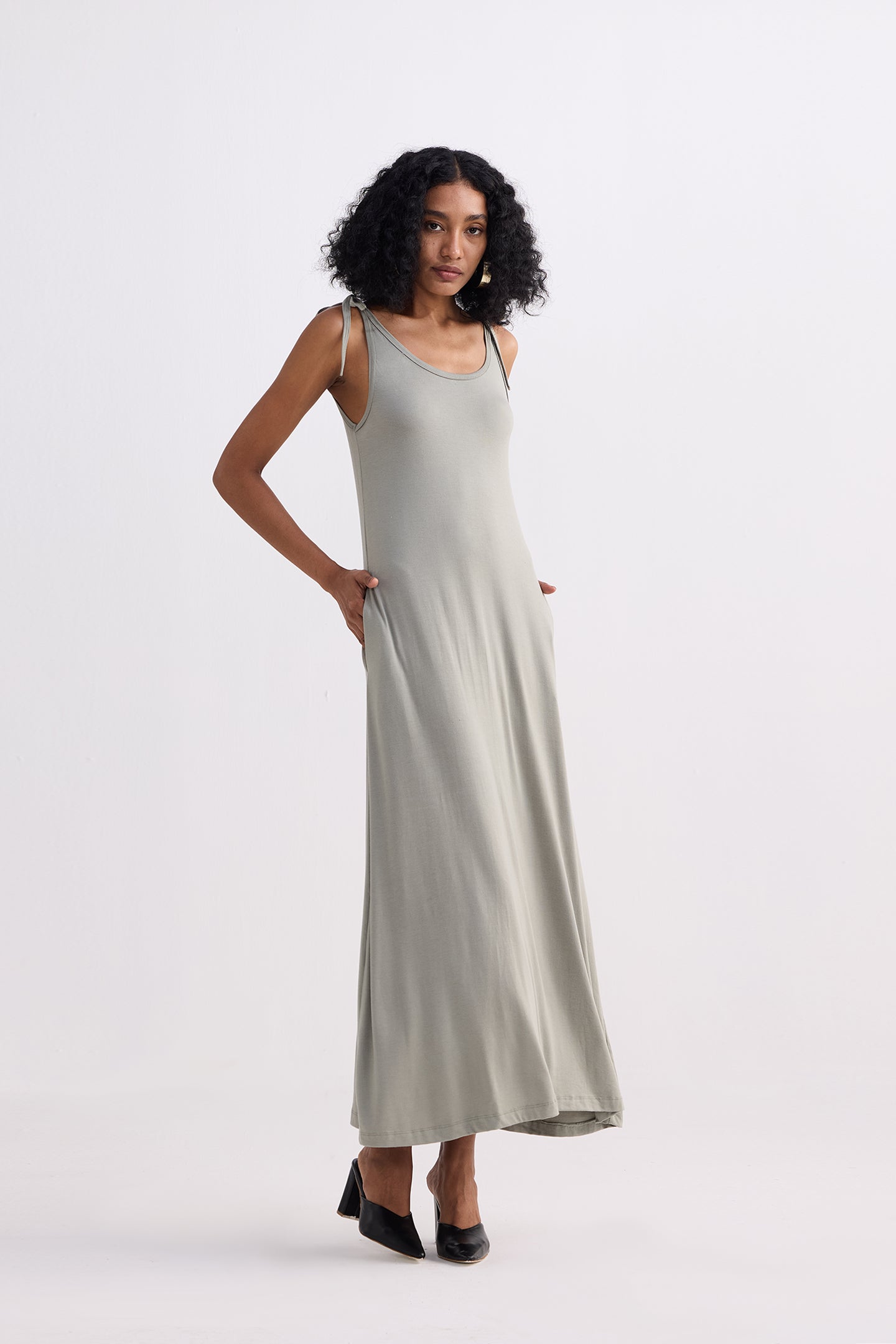 Tie-Detail Maxi Dress in Light Olive Side