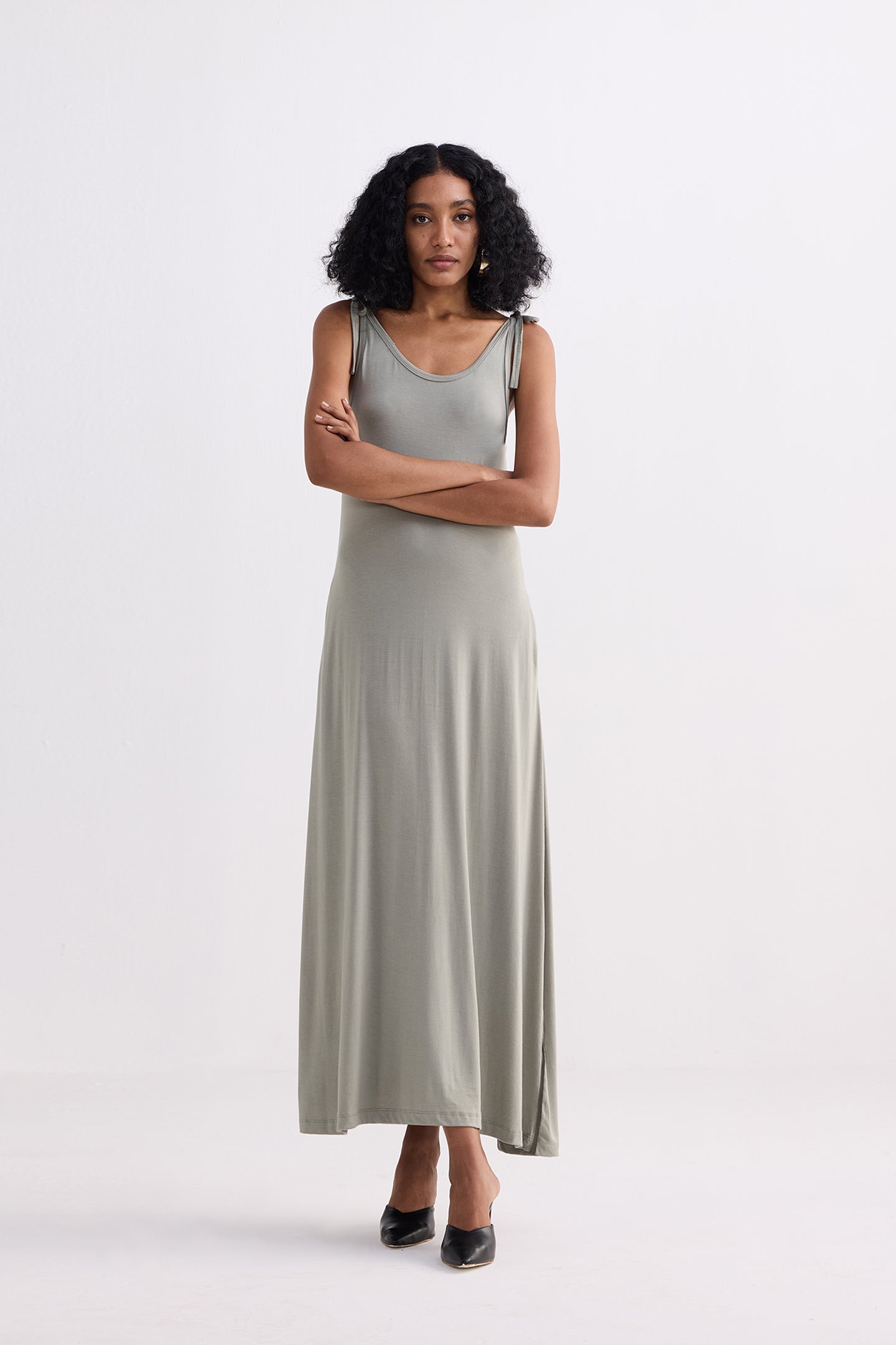 Tie-Detail Maxi Dress in Light Olive Front