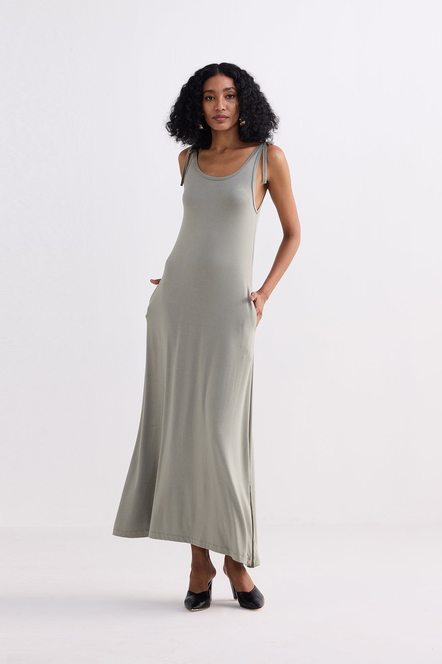 Tie-Detail Maxi Dress in Light Olive Side