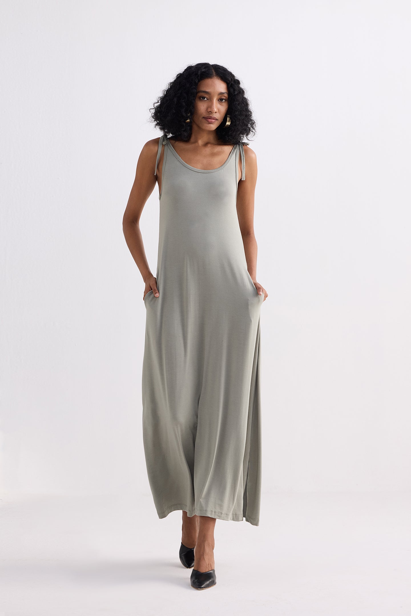 Tie-Detail Maxi Dress in Light Olive Front