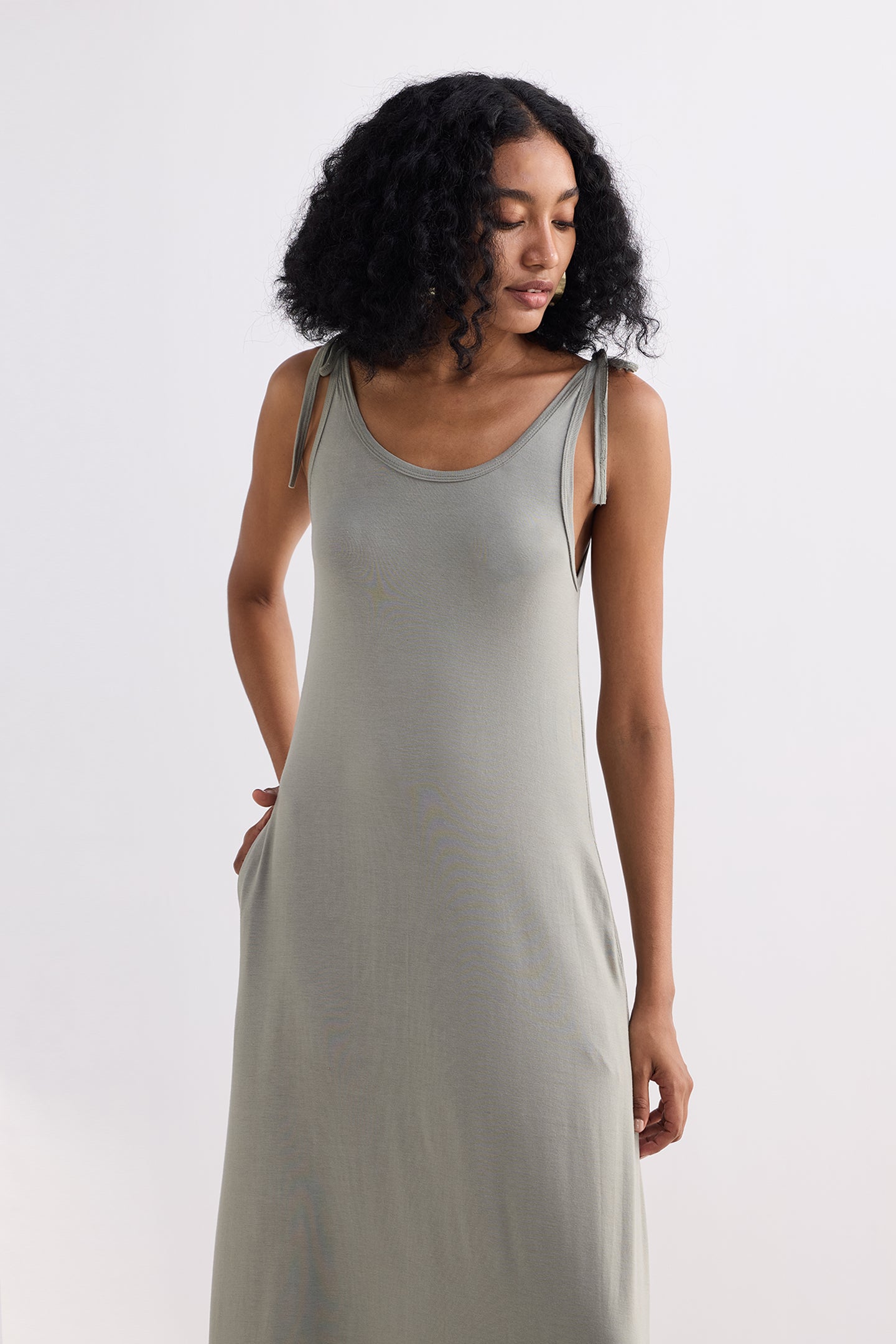 Tie-Detail Maxi Dress in Light Olive Closeup