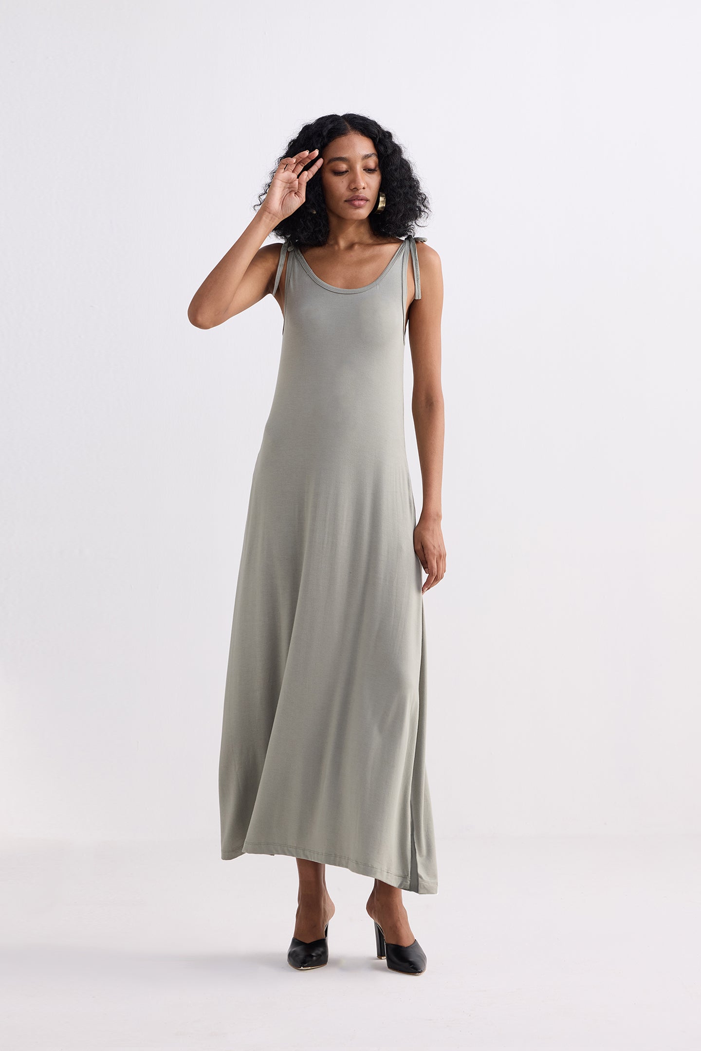 Tie-Detail Maxi Dress in Light Olive Front