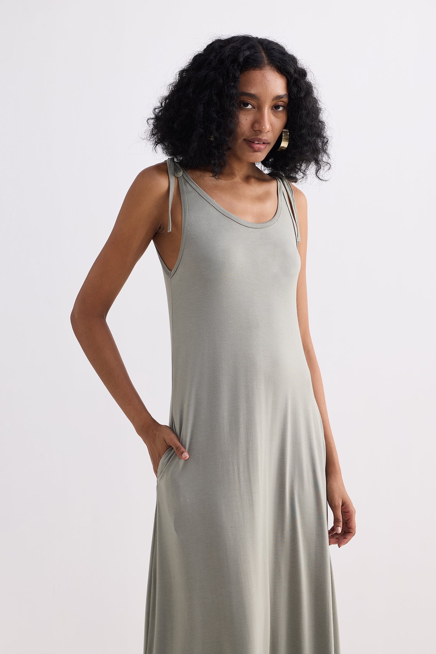 Tie-Detail Maxi Dress in Light Olive Front