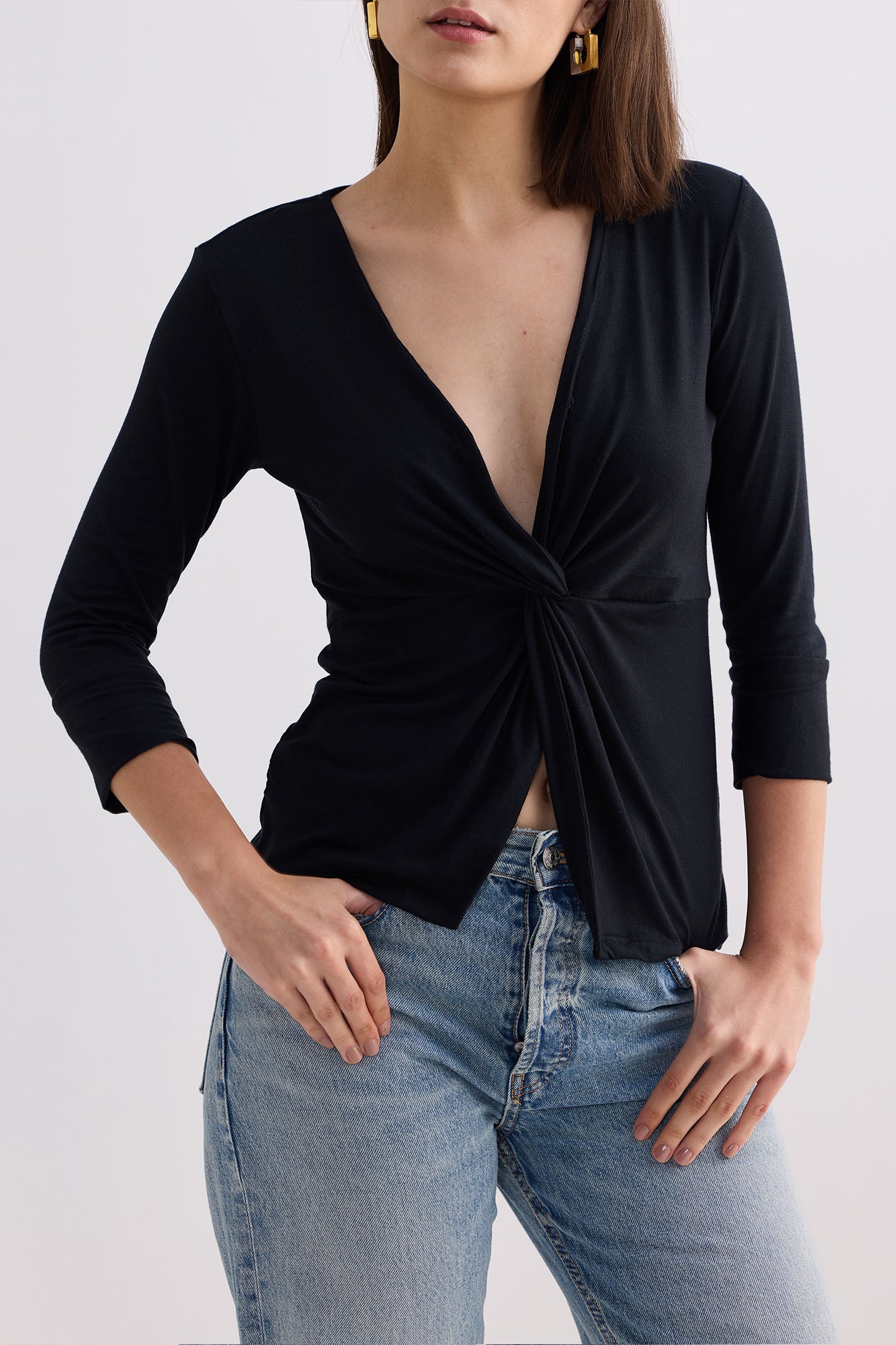 Twist Front Knit Shirt in Black Closeup