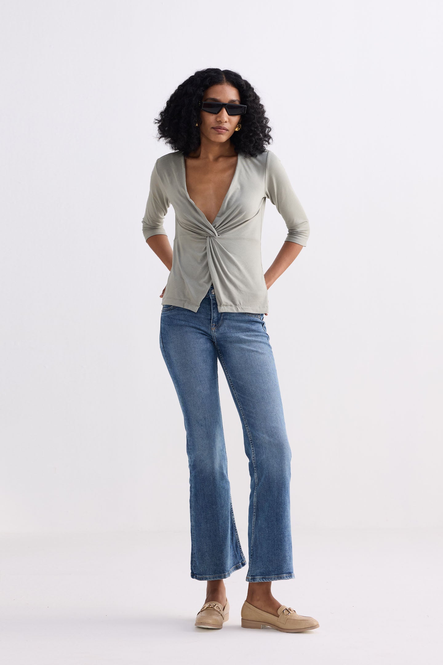 Twist Front Knit Shirt in Light Olive Front