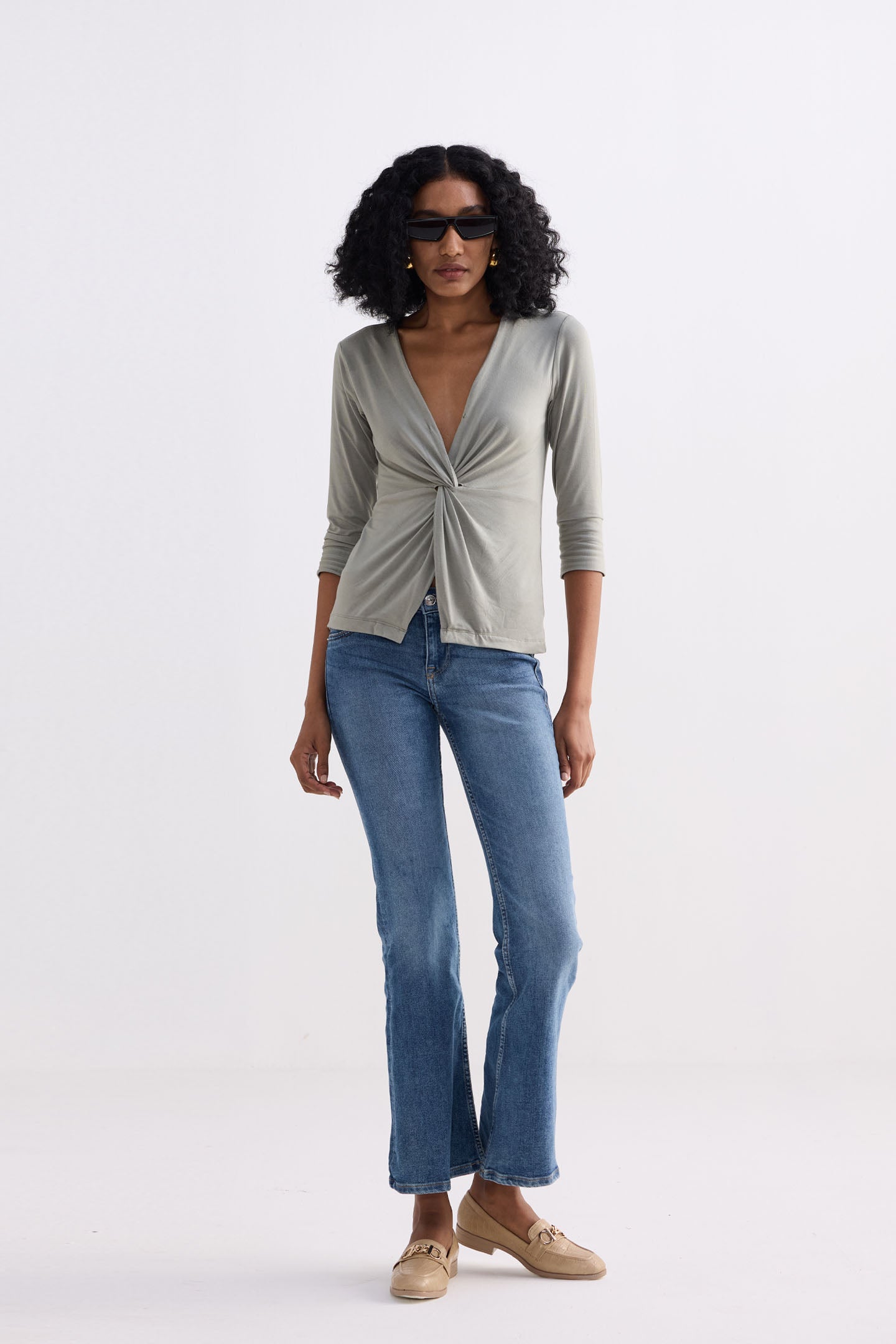 Twist Front Knit Shirt in Light Olive Front