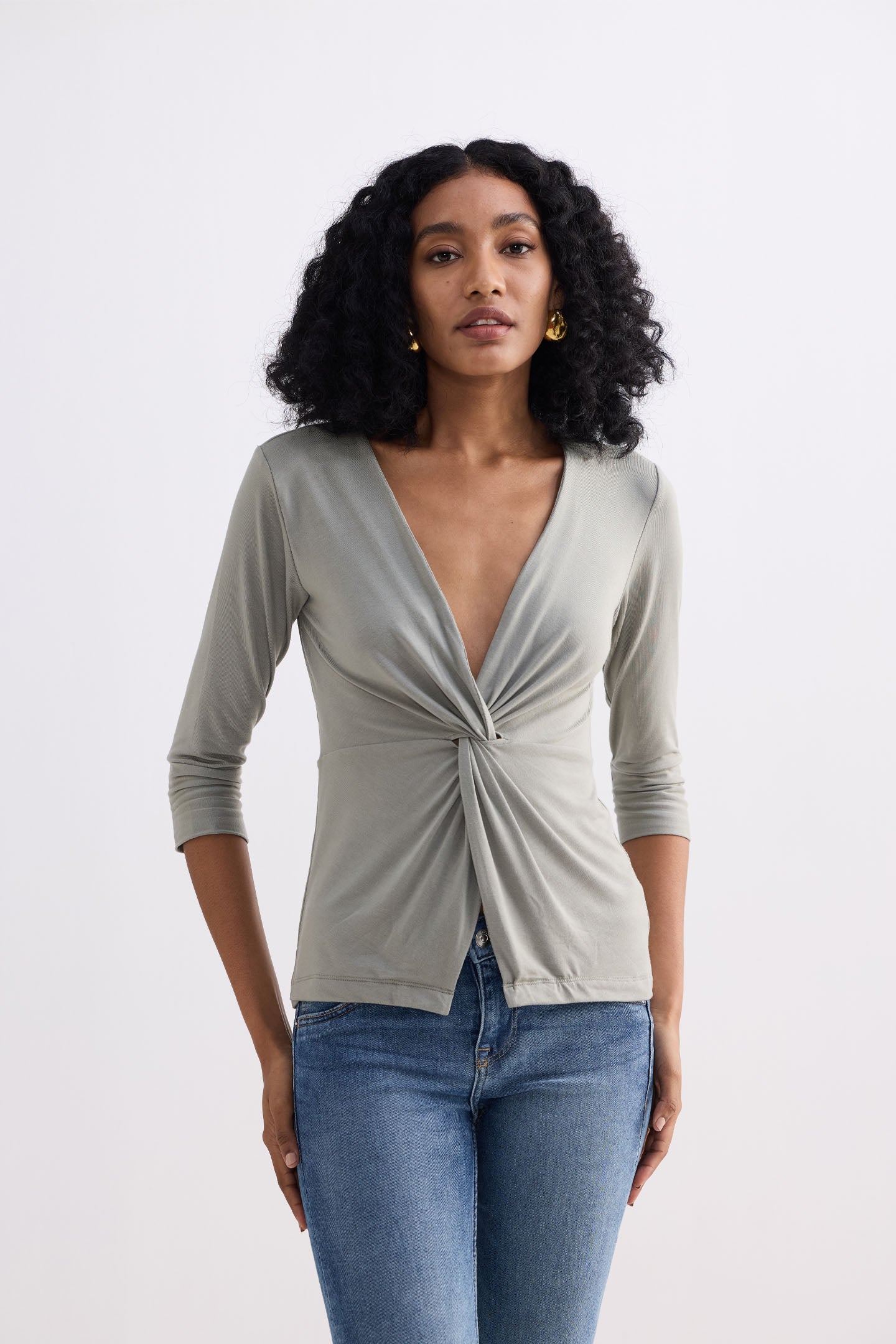 Twist Front Knit Shirt in Light Olive Front