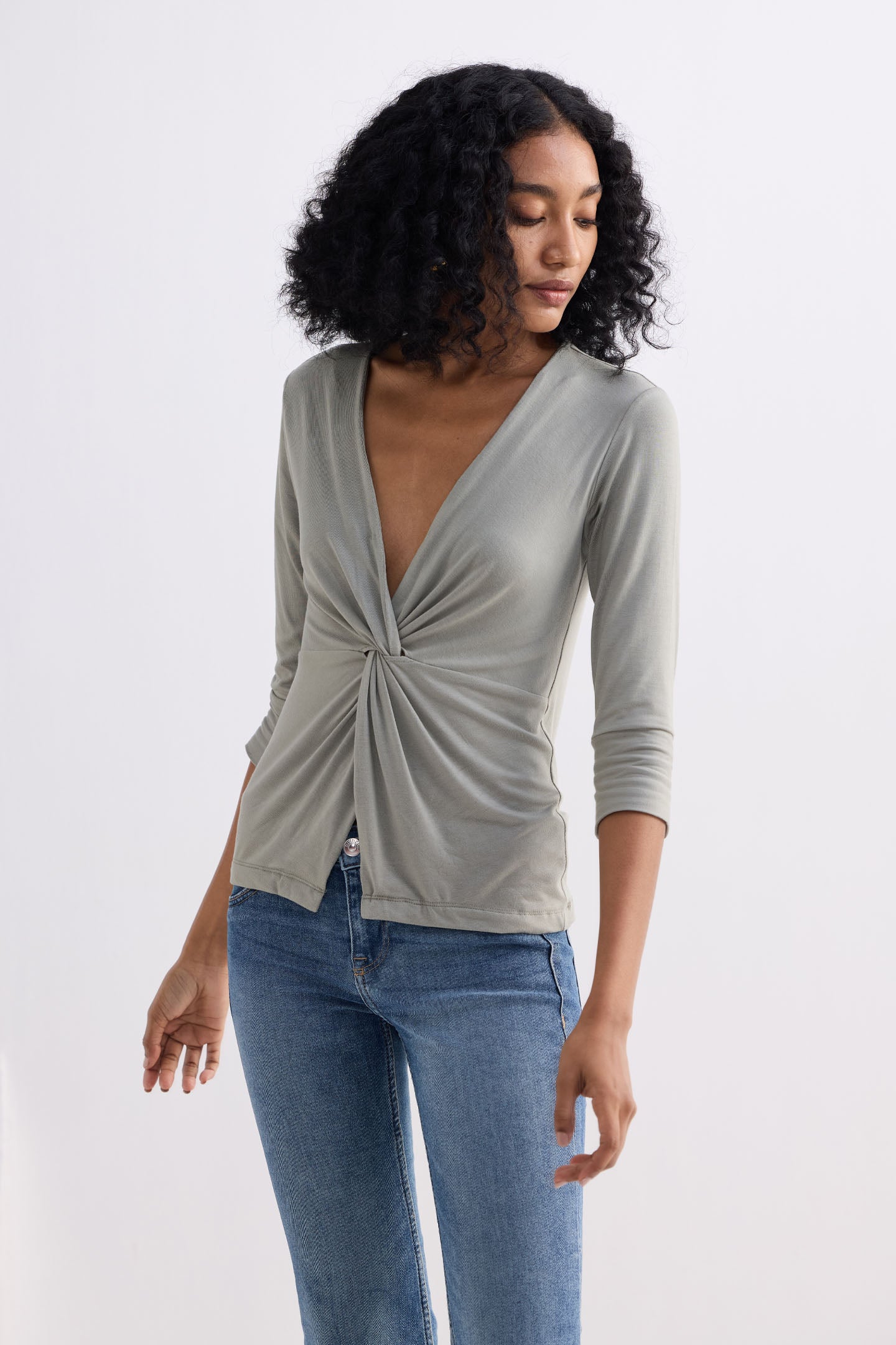 Twist Front Knit Shirt in Light Olive Side