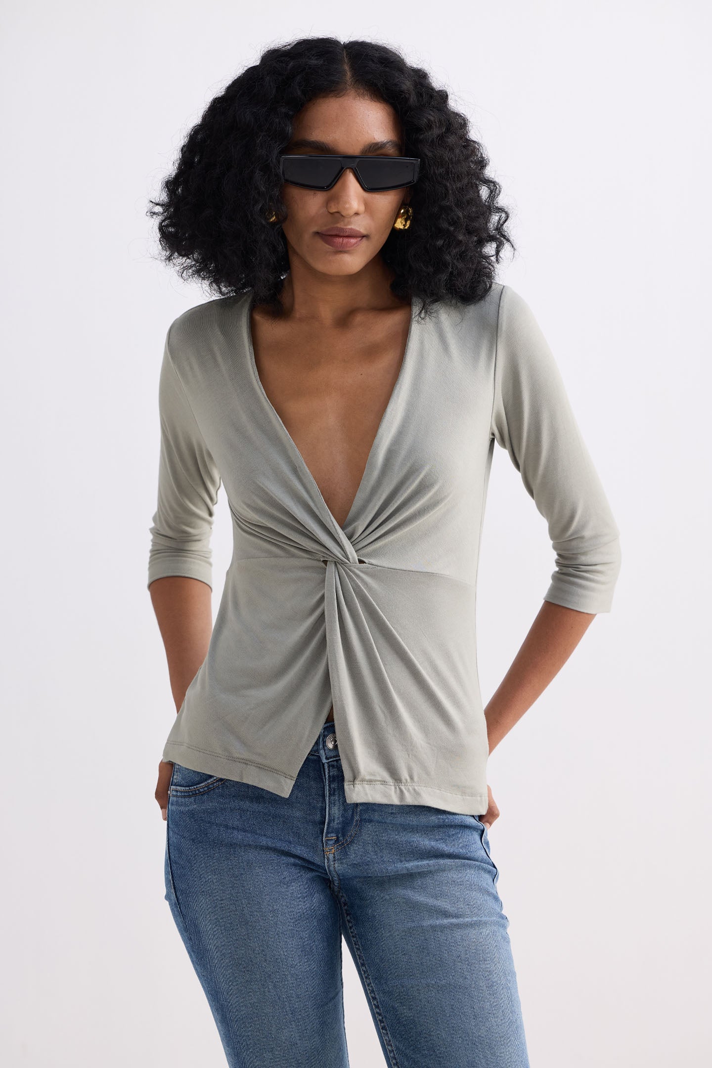 Twist Front Knit Shirt in Light Olive Front
