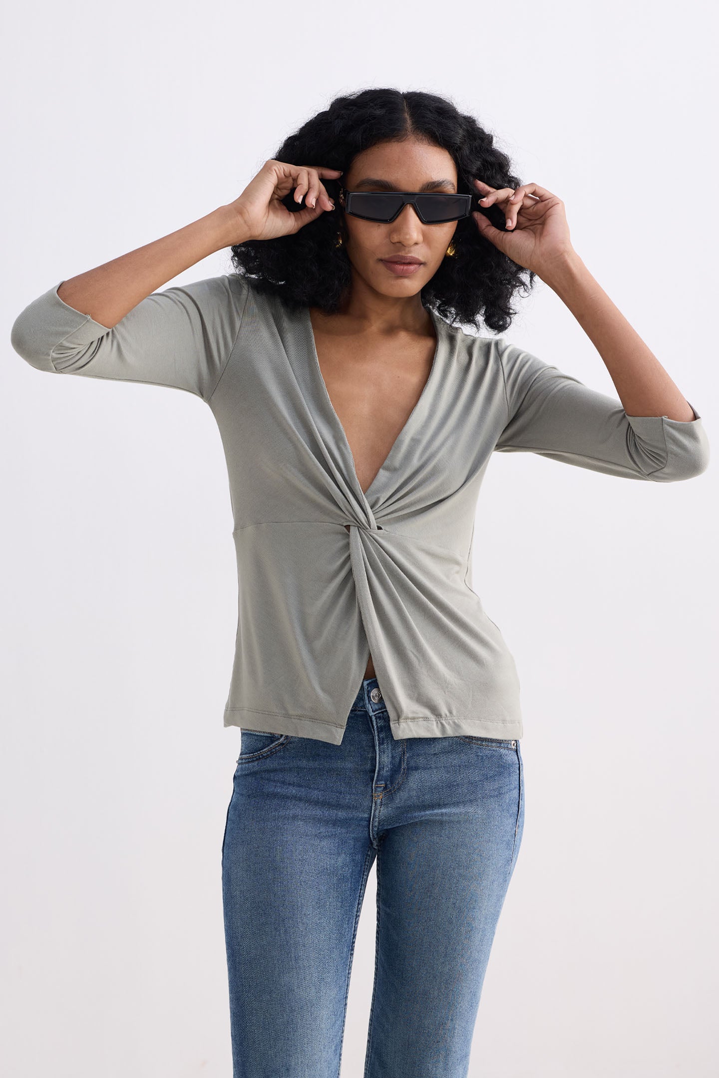 Twist Front Knit Shirt in Light Olive Moodshot