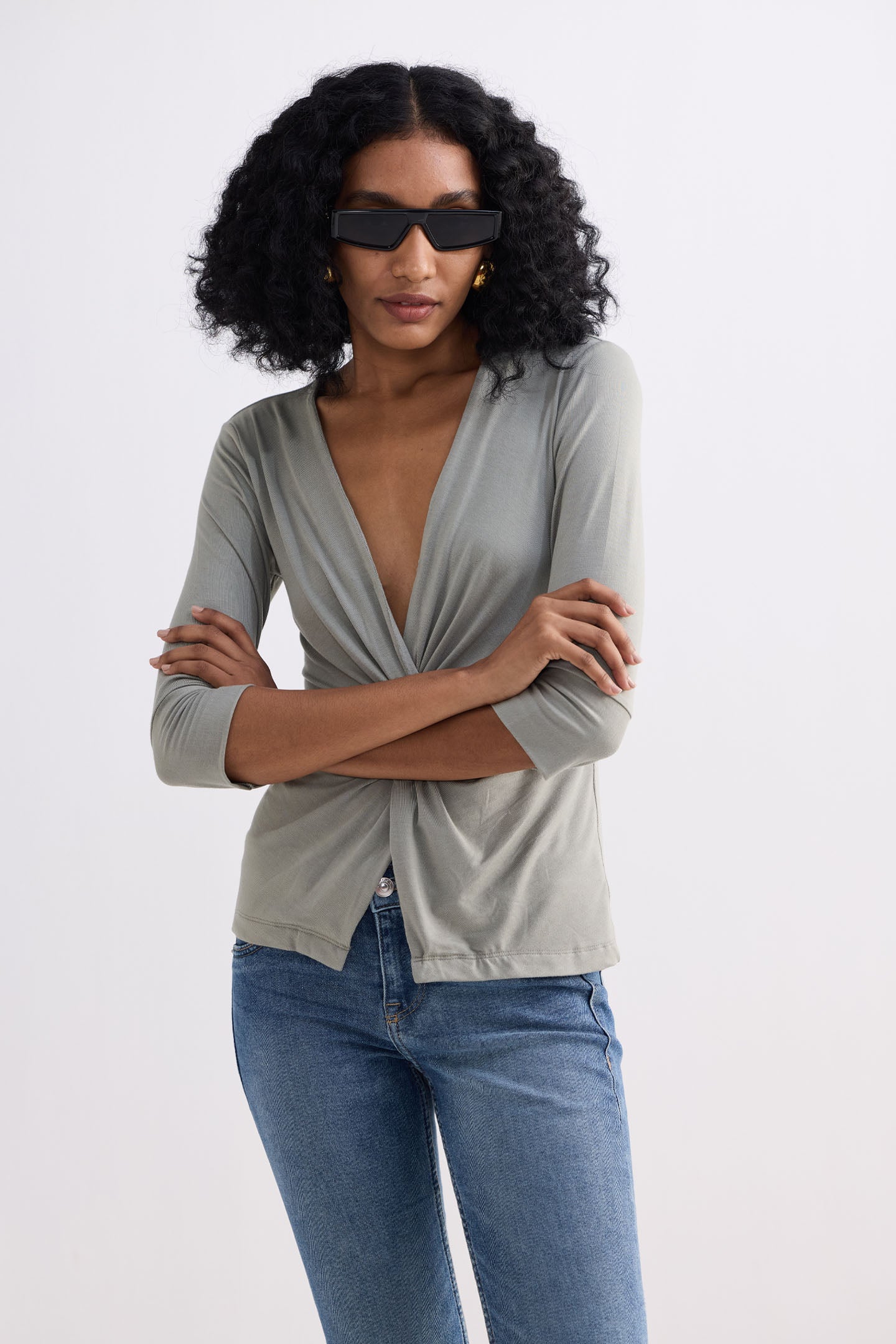 Twist Front Knit Shirt in Light Olive Front
