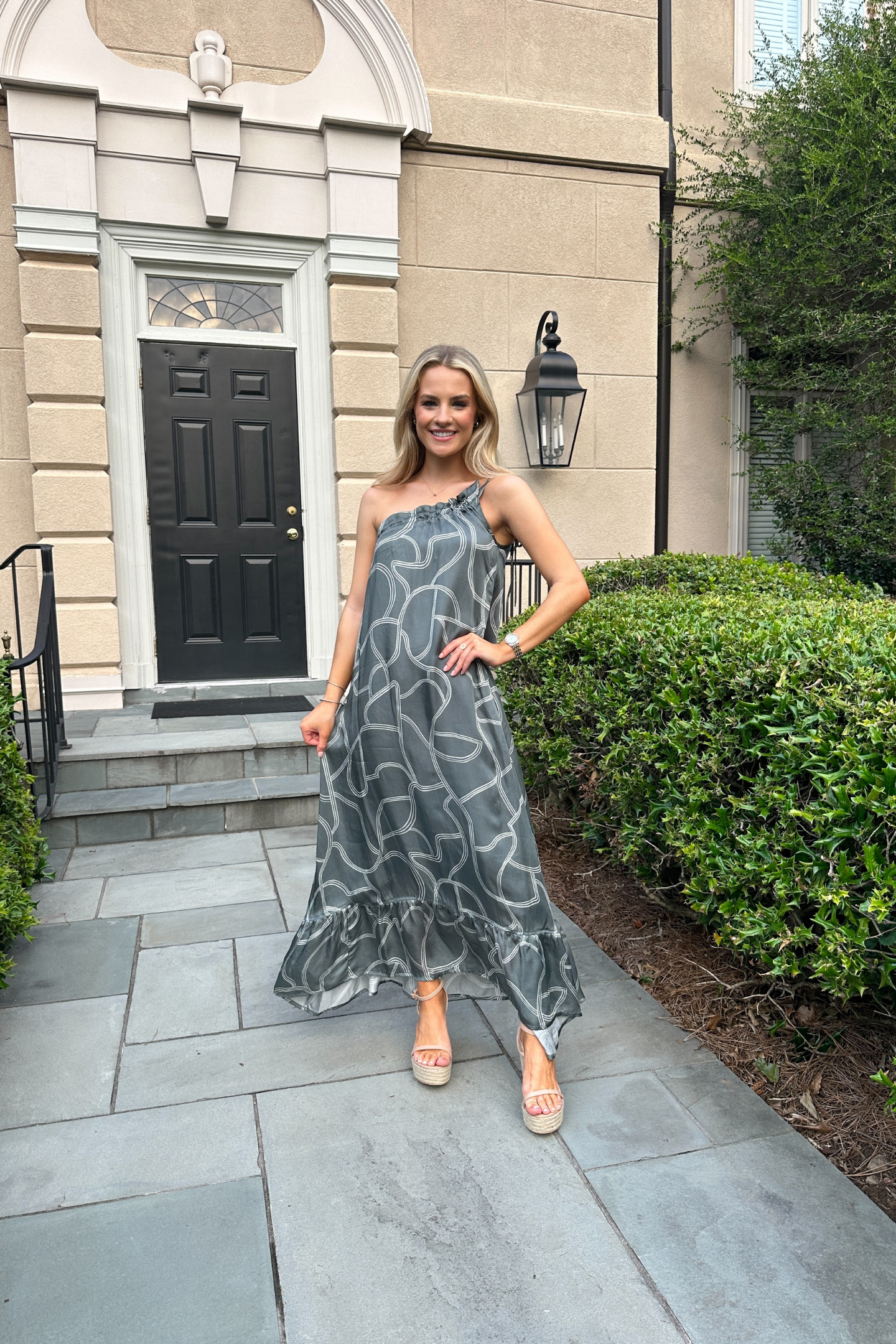 One Shoulder Maxi Dress in Abstract Stripes Moodshot