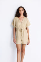 V neck Drawstring Romper in Neutral BeigeColor: Neutral Beige